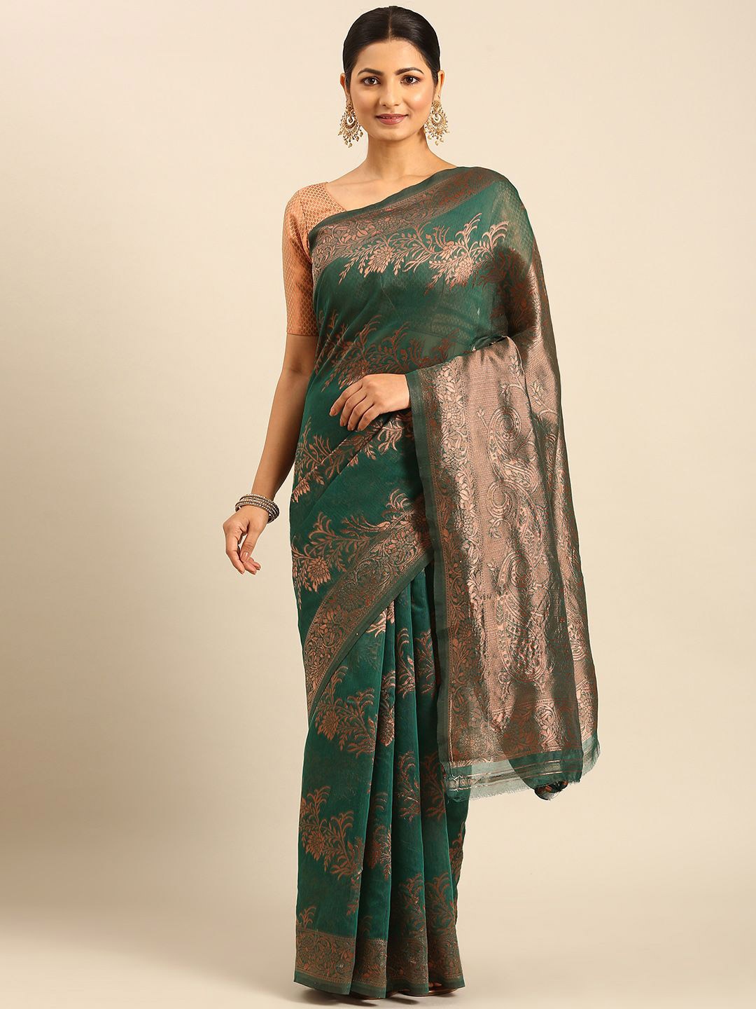 

Mitera Woven Design Zari Saree With Unstitched Blouse Piece, Teal