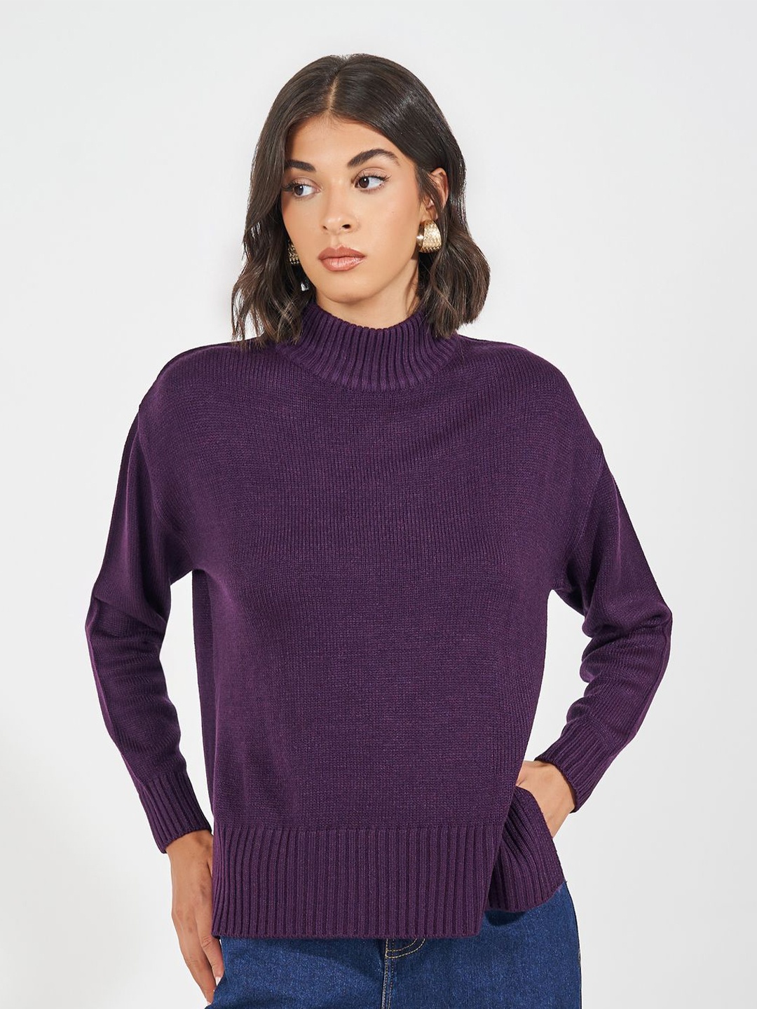 

Styli Women Boxy Fit Regular Length High Neck Sweater, Purple