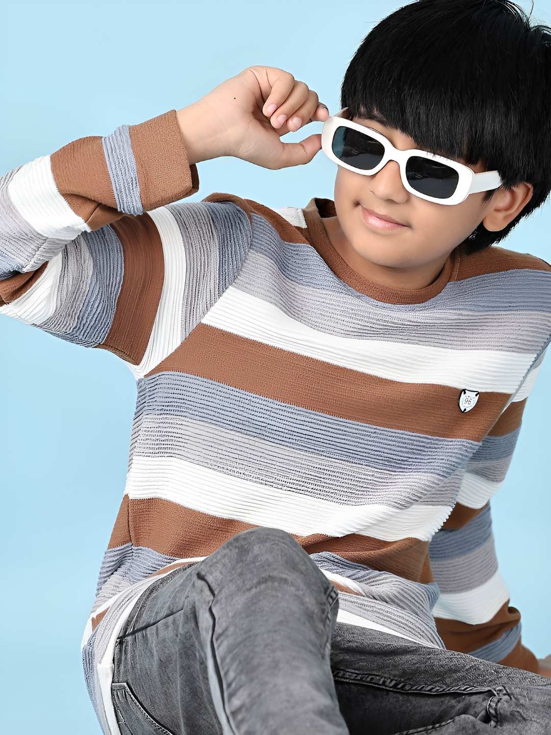 

V-Mart Boys Striped Round Neck Cotton T-shirt, Grey