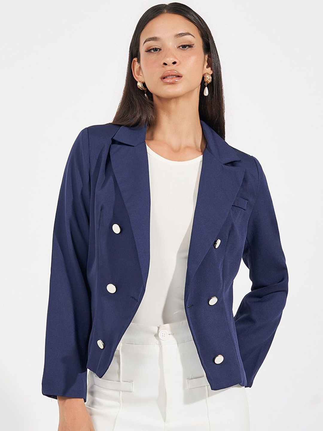 

Styli Women Short Length Regular Fit Double Breasted Blazer, Navy blue