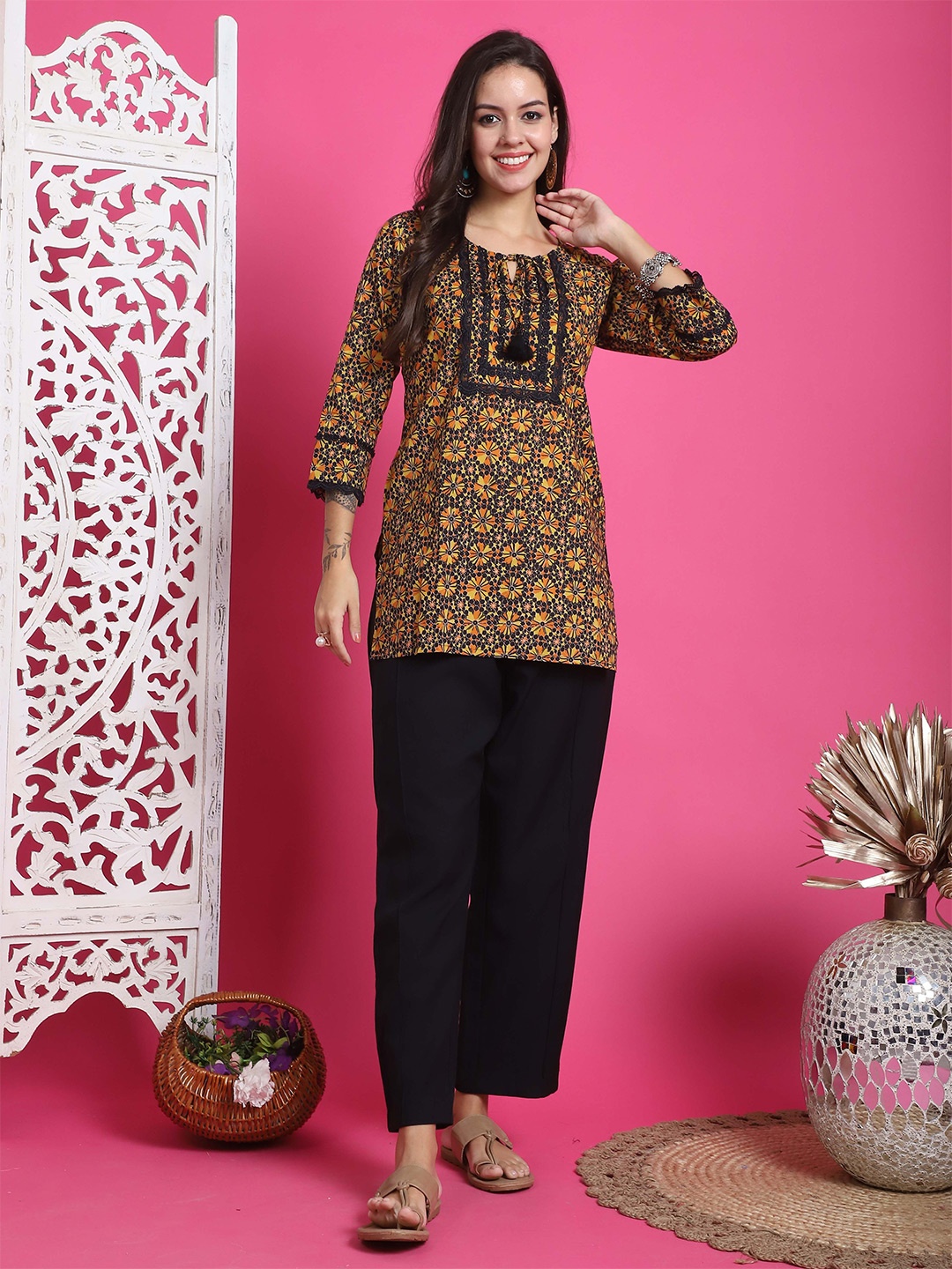 

Roly Poly Women Cotton Printed Ethnic Round Neck Tunic, Black