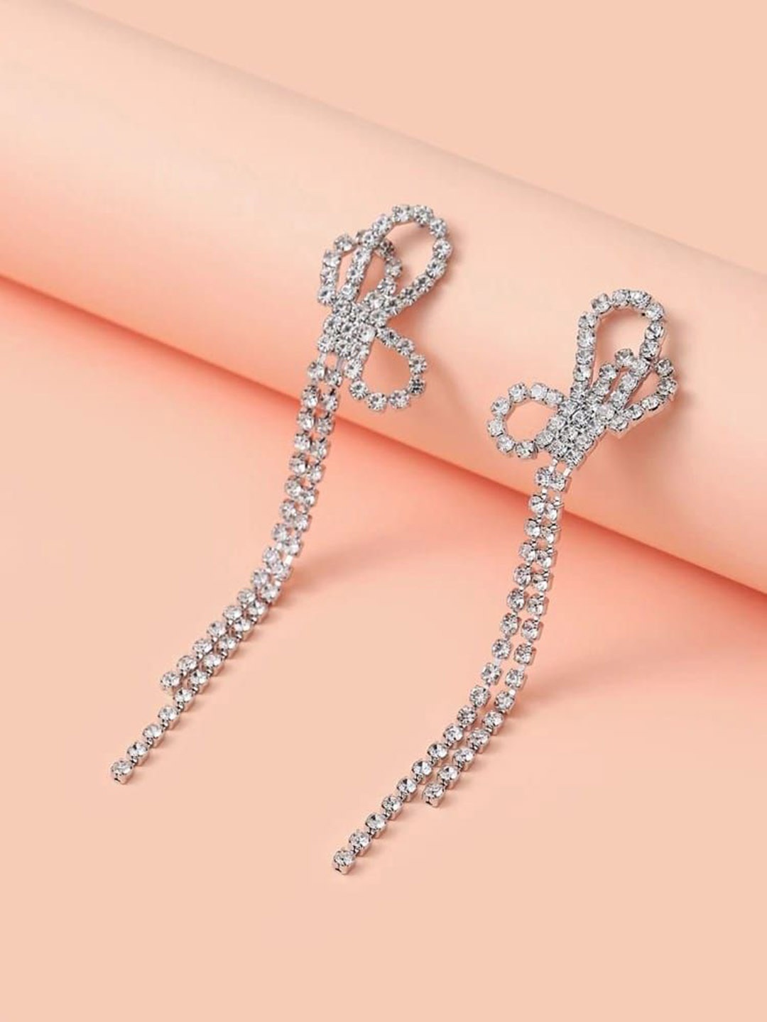 

YU FASHIONS Silver-Plated Rhinestone Studded Geometric Drop Earrings