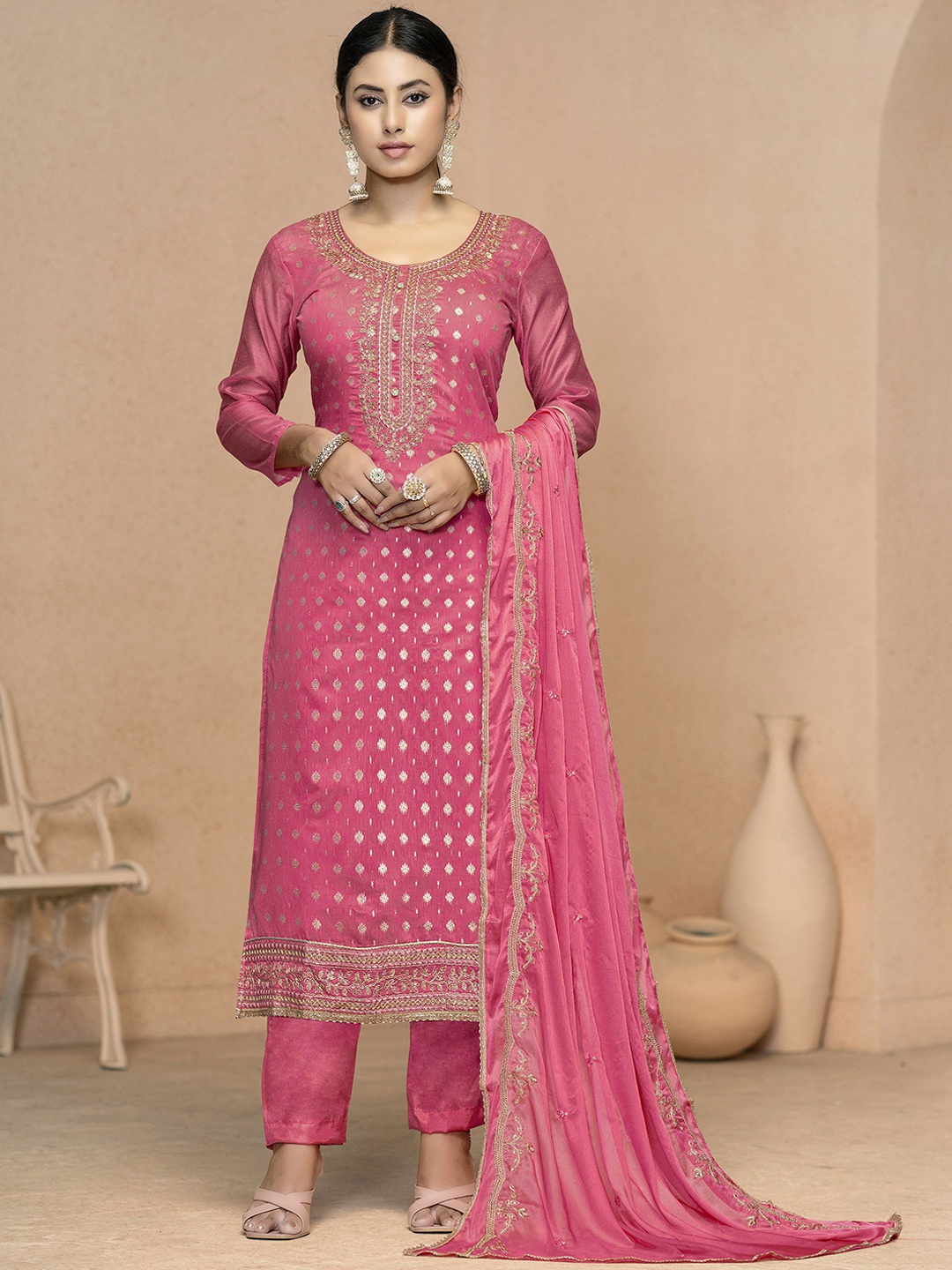 

Maroosh Ethnic Motifs Embellished Unstitched Dress Material, Pink