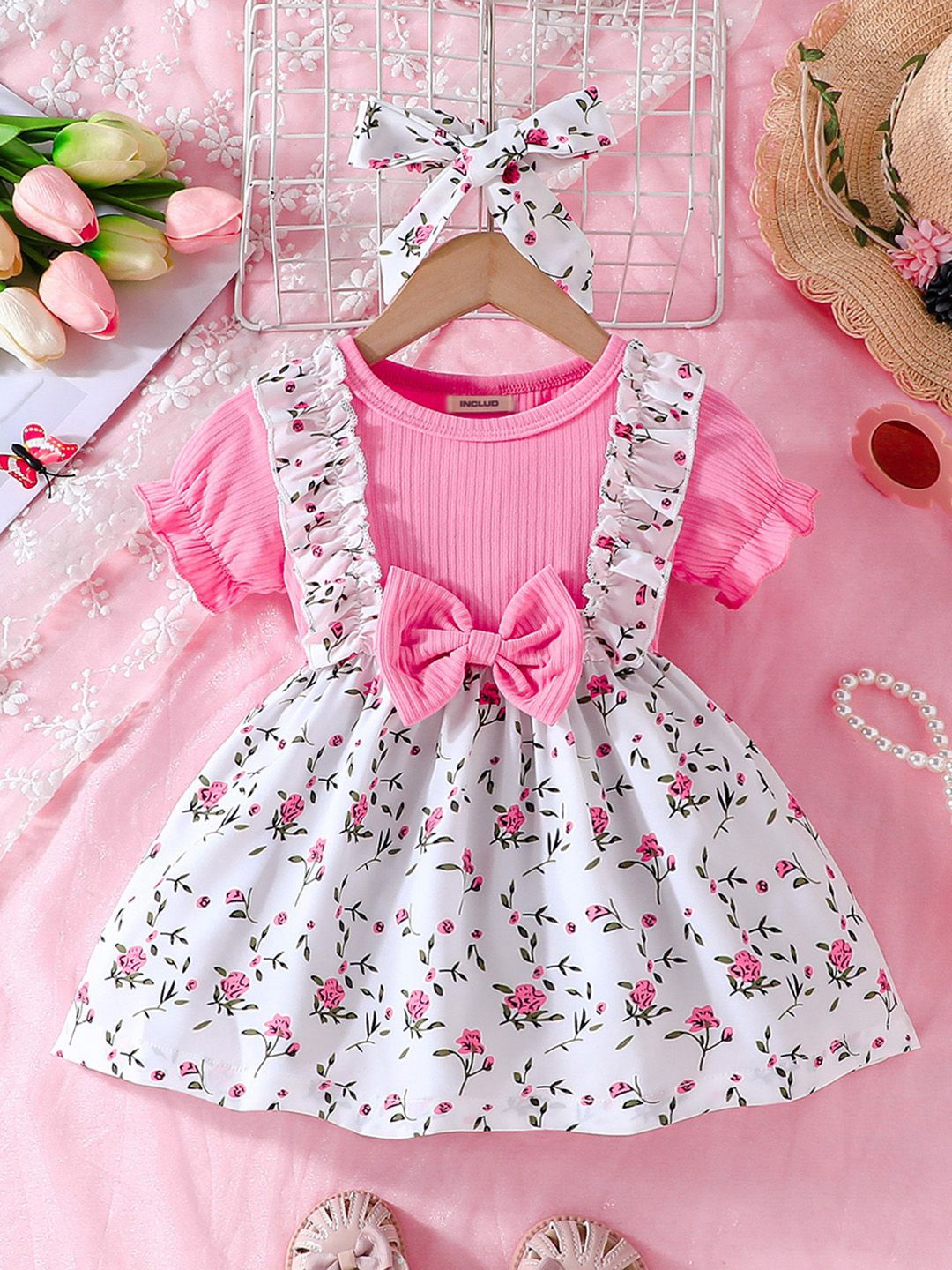 

INCLUD Girls Floral Printed Round Neck Puff Sleeves Fit & Flare Dress With Bow, Pink