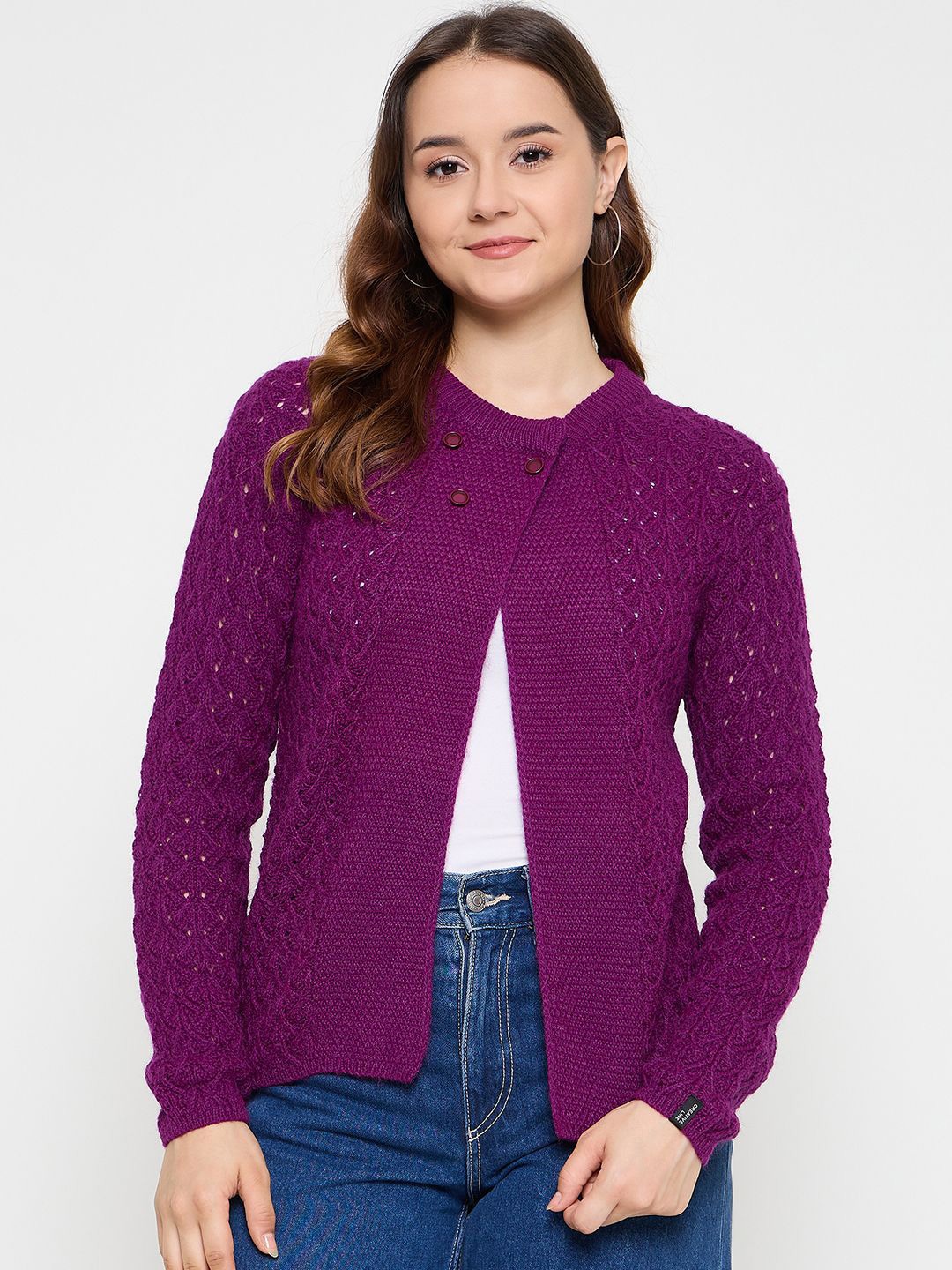

CREATIVE LINE Women Open Knit Winter Woollen Cardigan, Purple