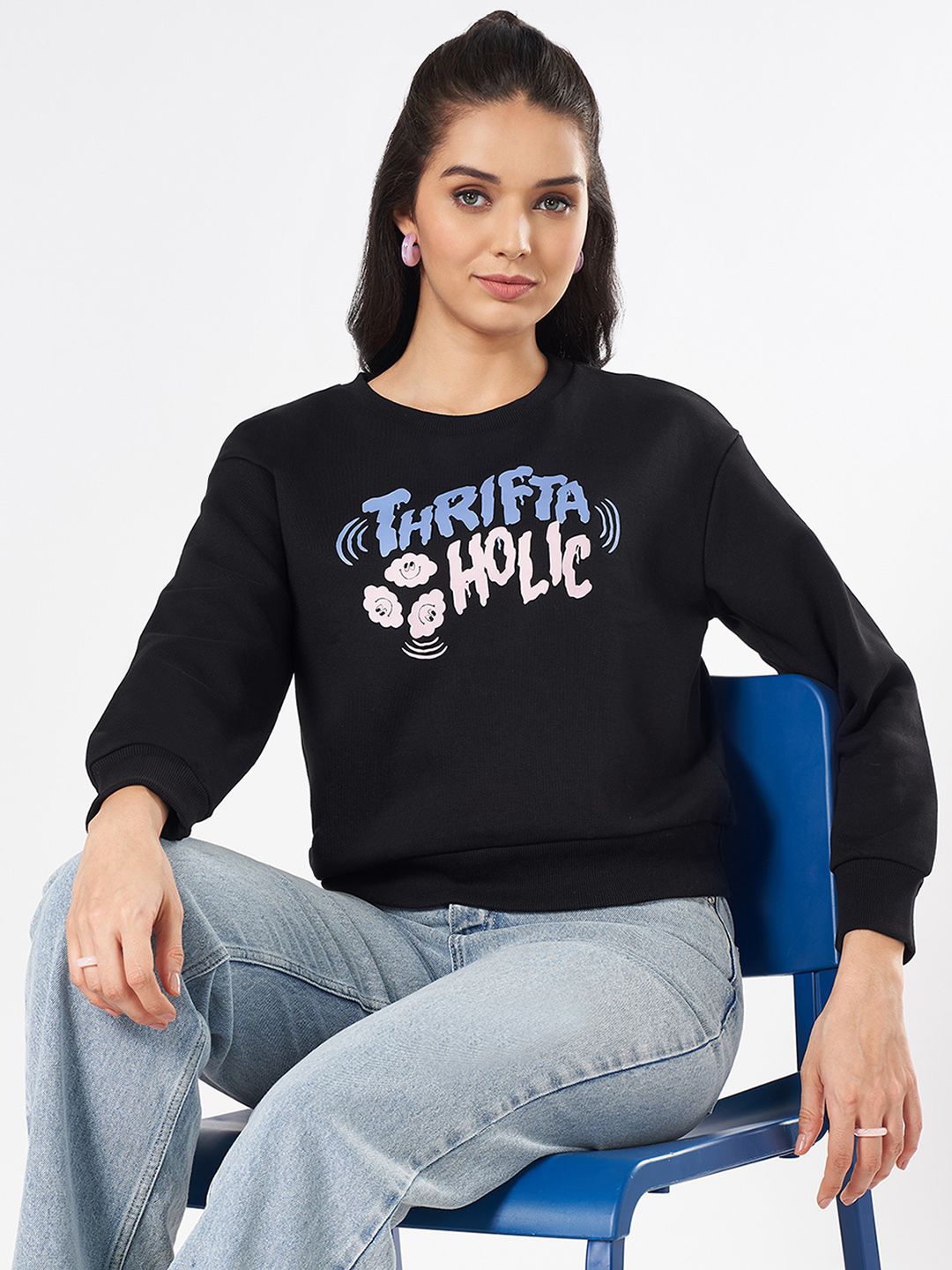 

People Women Typography Printed Round Neck Long Sleeevs Sweatshirt, Black