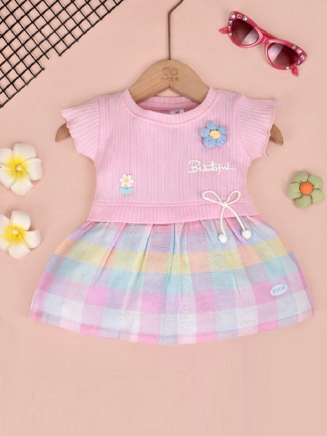 

KIKO Girls Checked Flutter Sleeve Fit & Flare Cotton Dress With Brief, Pink