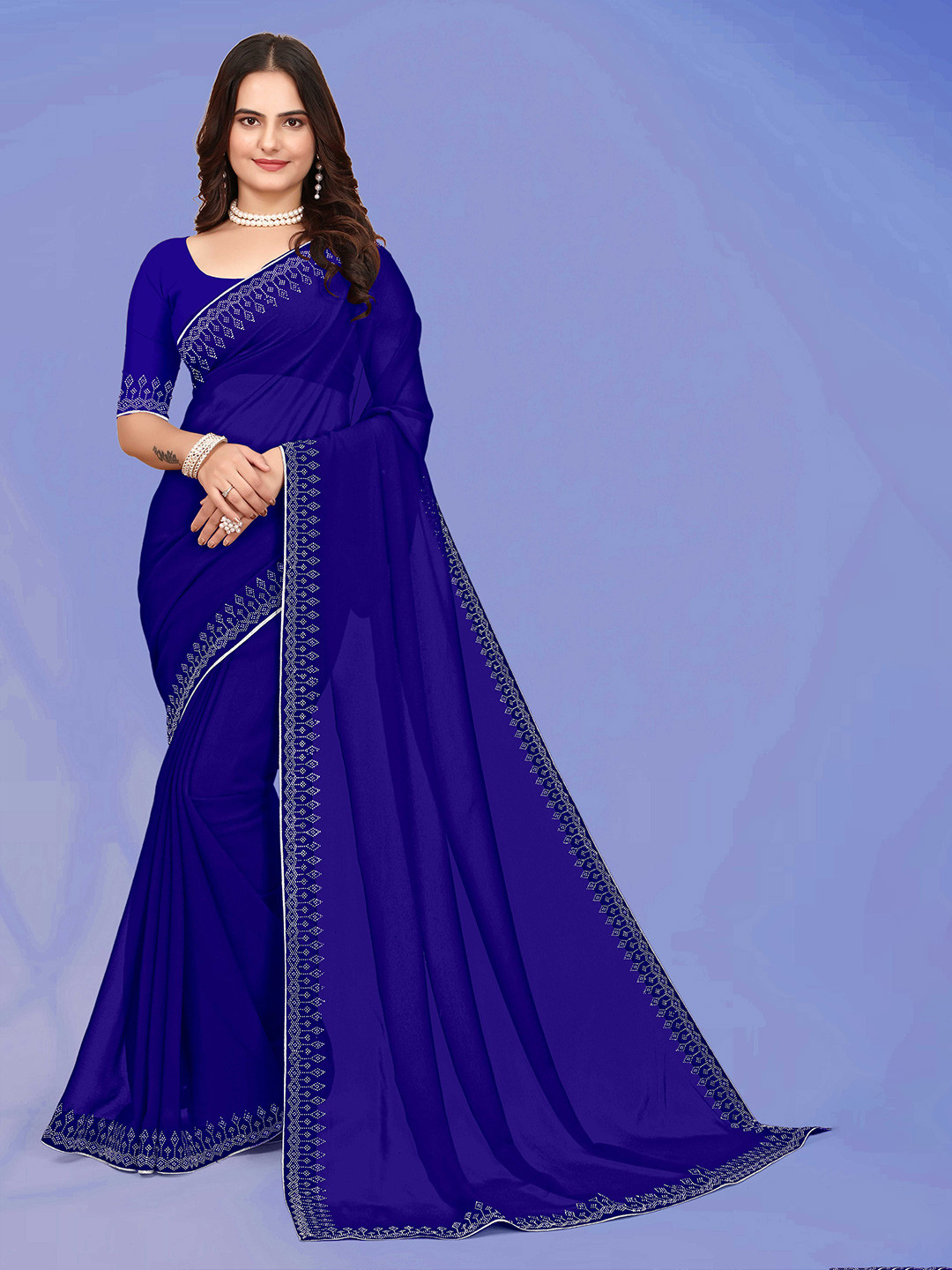 

WEAVETECH IMPEX Beads and Stones Pure Georgette Saree, Blue