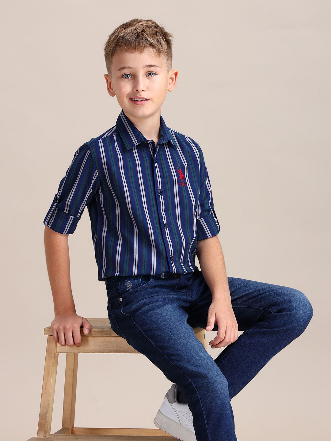 

U.S. Polo Assn. Kids Boys Spread Collar Vertical Striped Cotton Casual Shirt, Navy blue