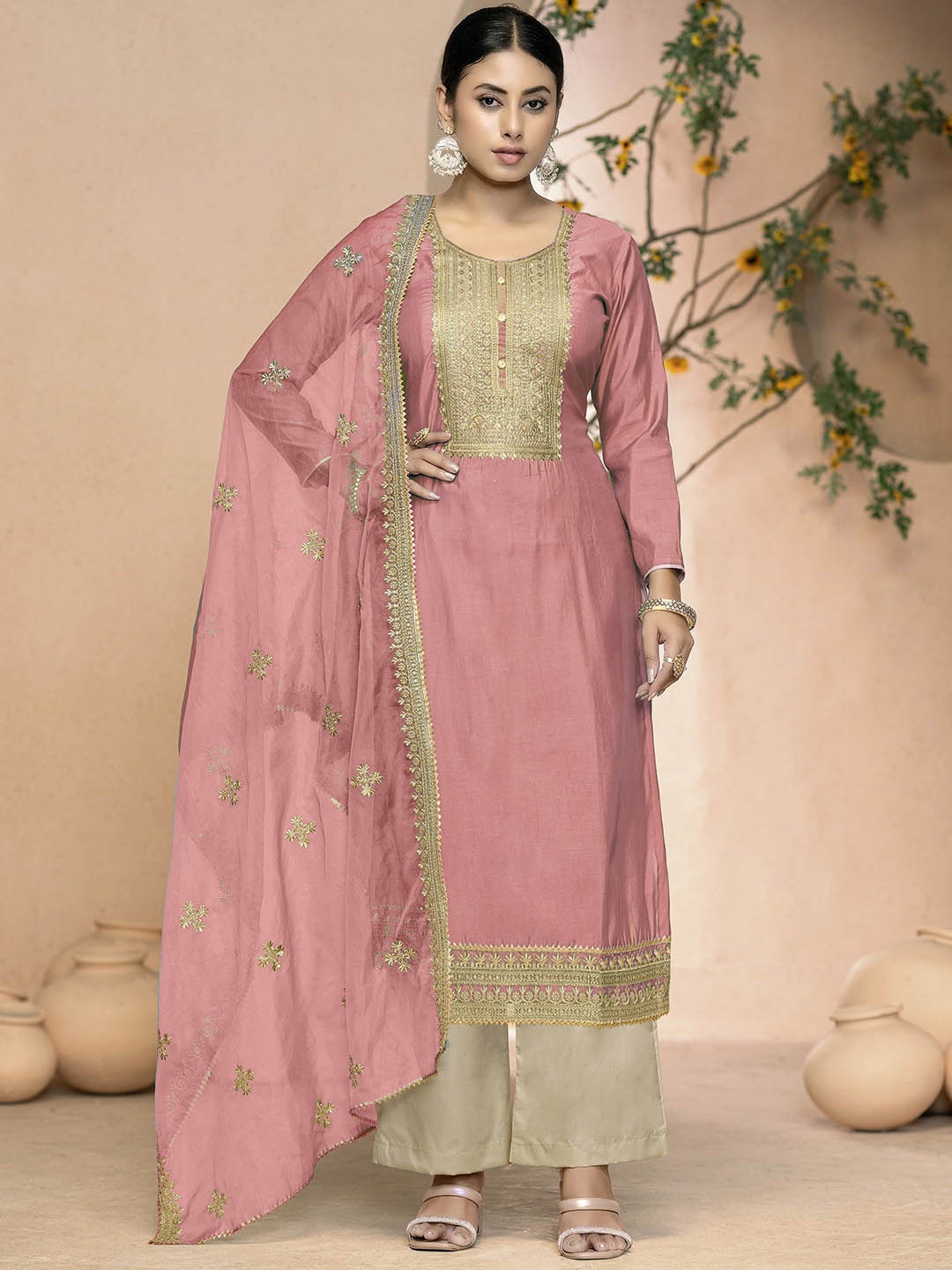 

Maroosh Floral Embroidered Zari Unstitched Dress Material, Peach