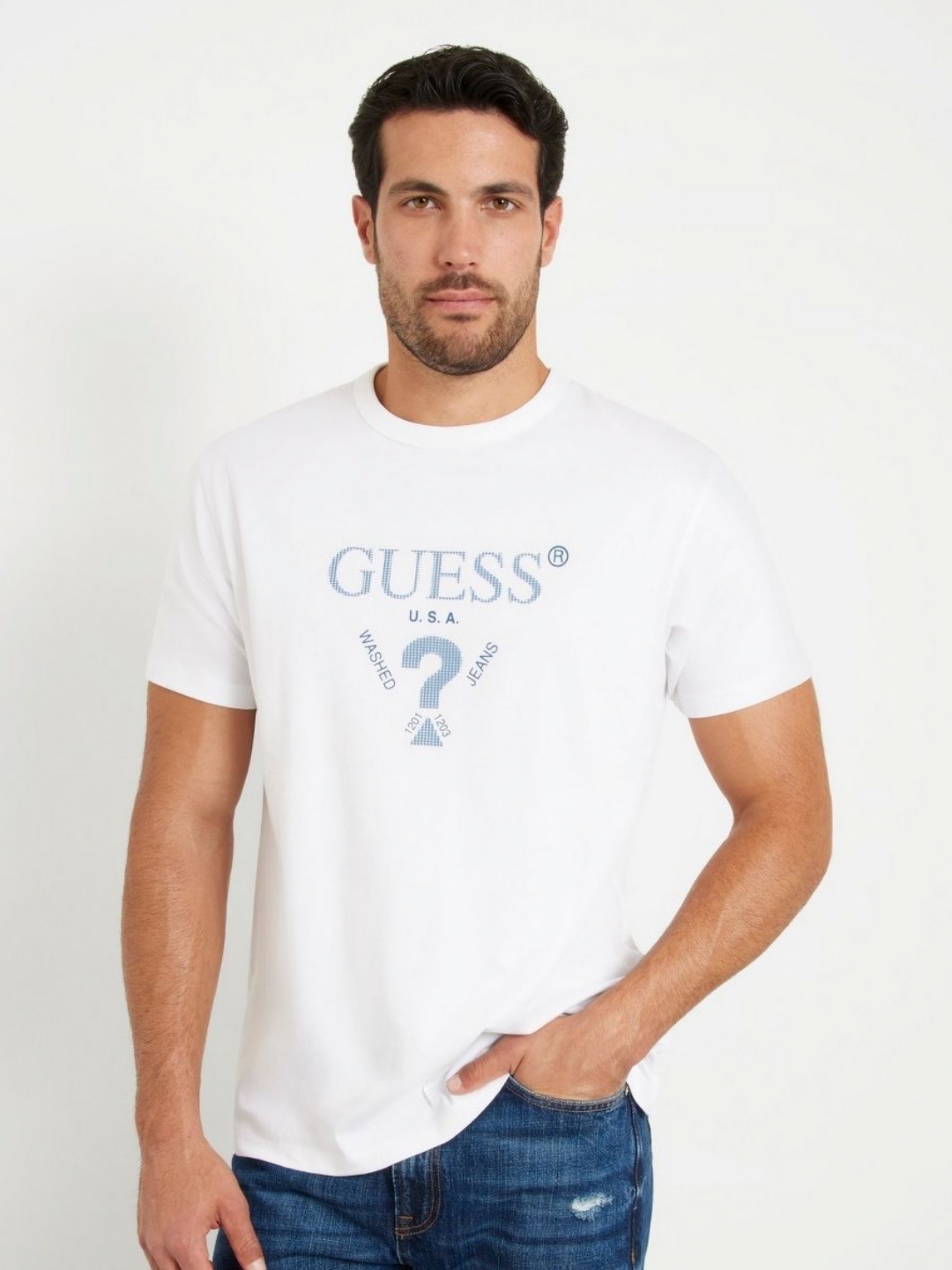 

GUESS Men Brand Logo Printed Pure Cotton T-shirt, White