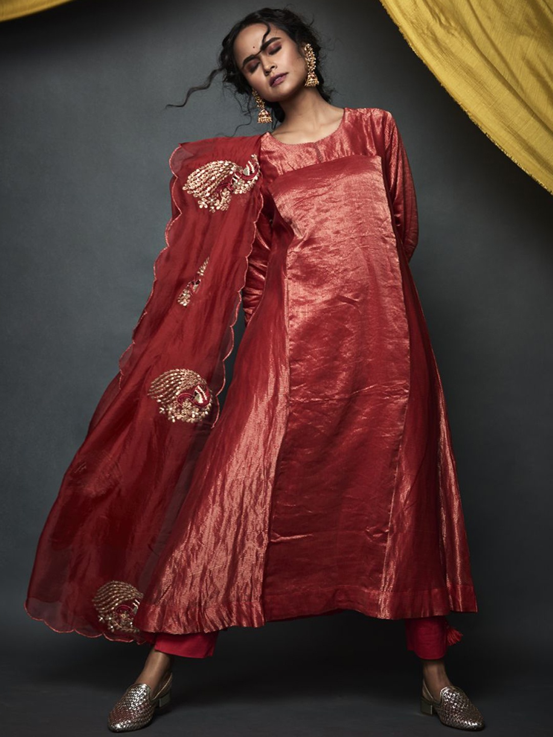 

PINK CITY BY SARIKA Striped Zari Work Organza A-Line Kurta With Trouser & Dupatta, Red