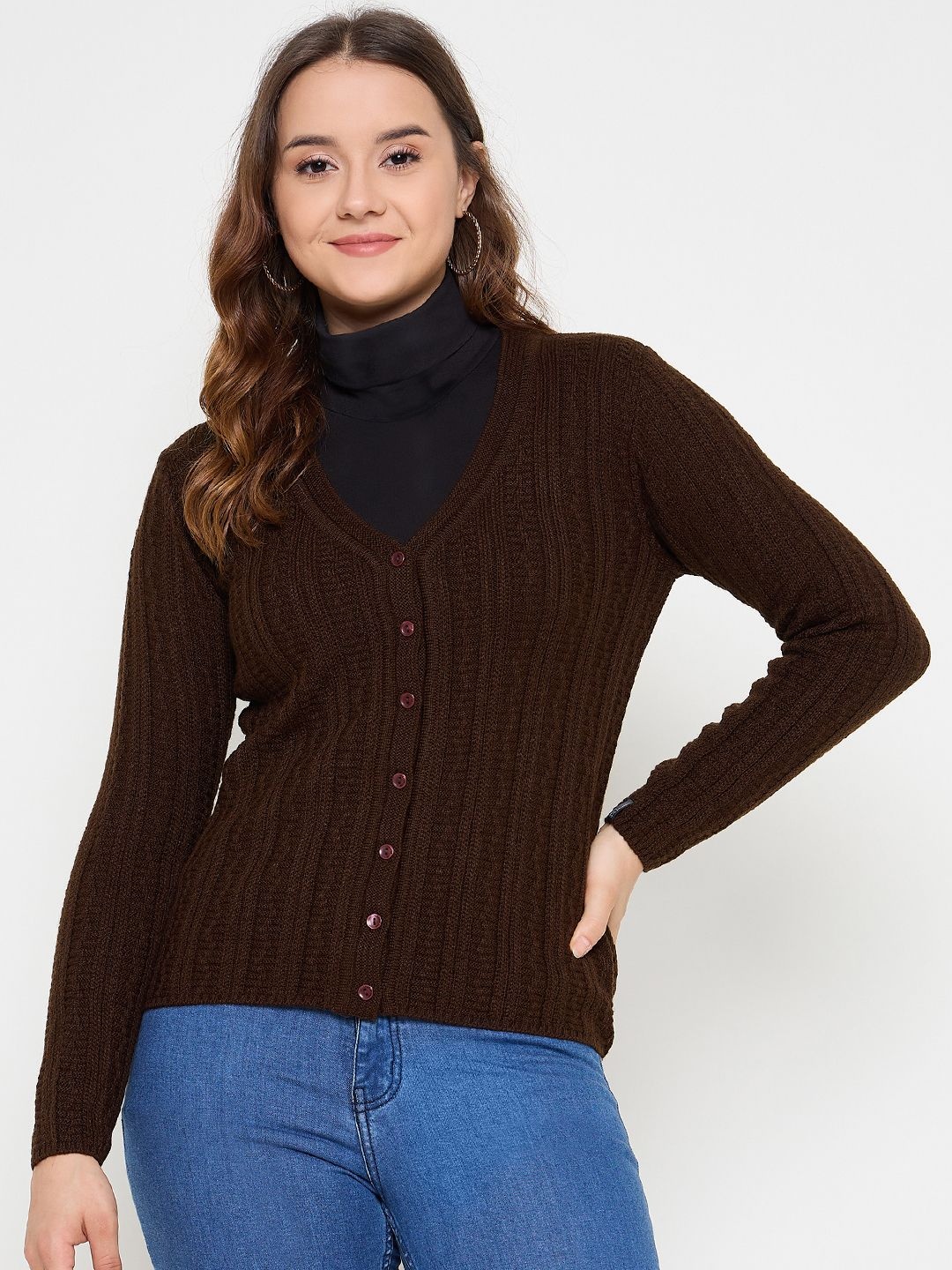

CREATIVE LINE Women V-Neck Winter Woollen Cardigan, Brown
