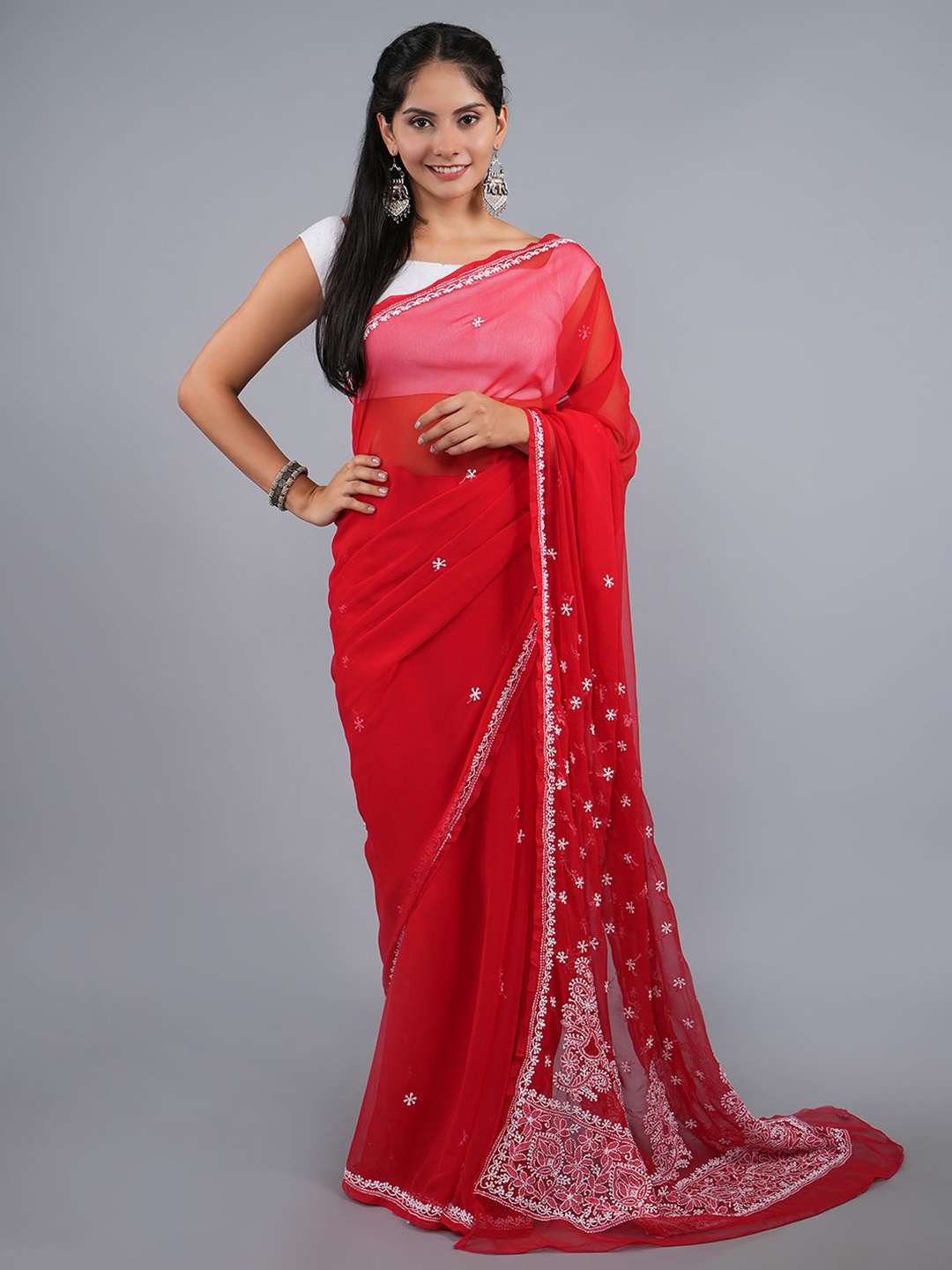

Seva Chikan Ethnic Motifs Embroidered Saree With Blouse Piece, Red
