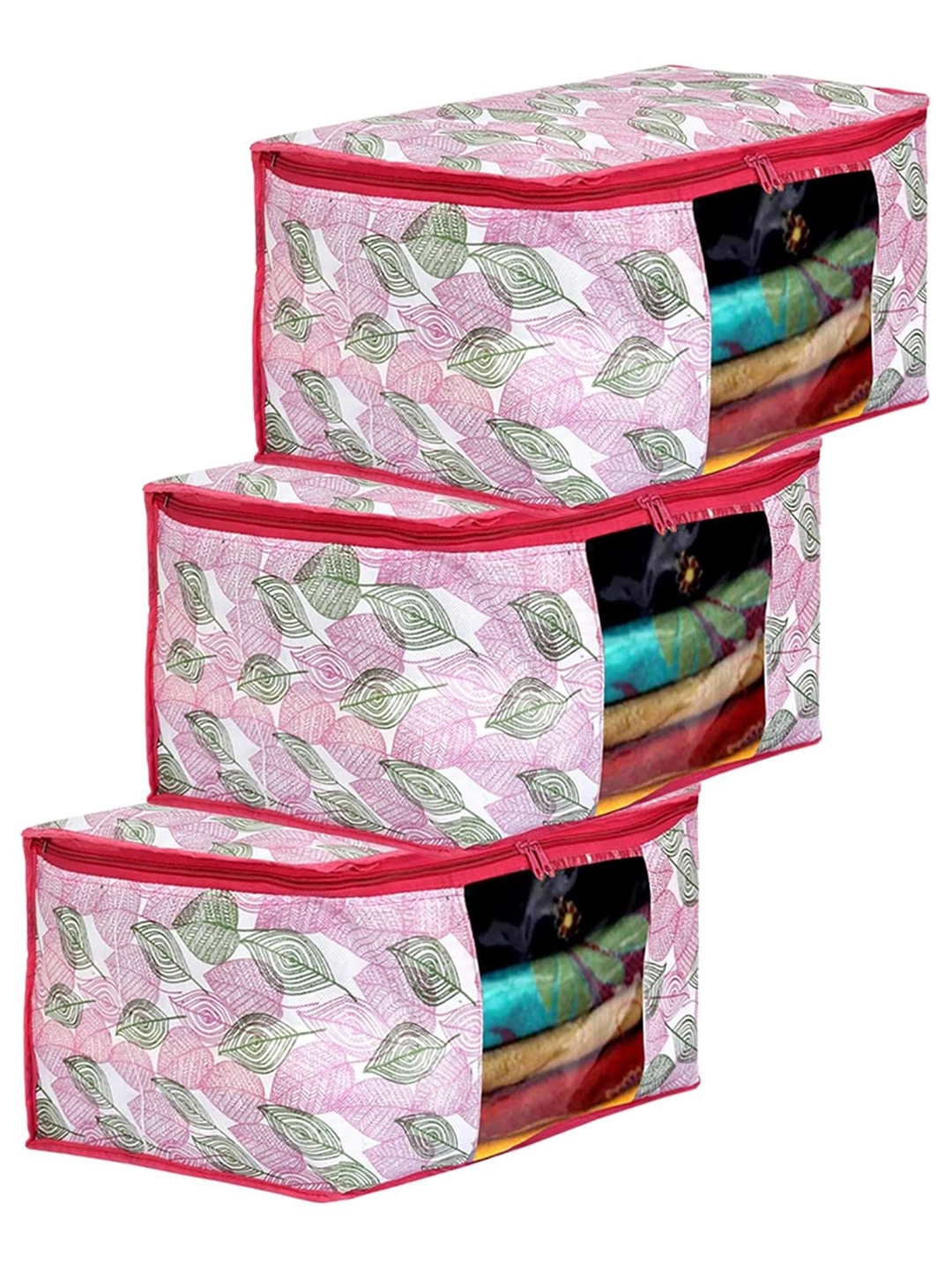 

Kuber Industries Pink & Transparent 3 Pieces Floral Printed Foldable Suit Organiser