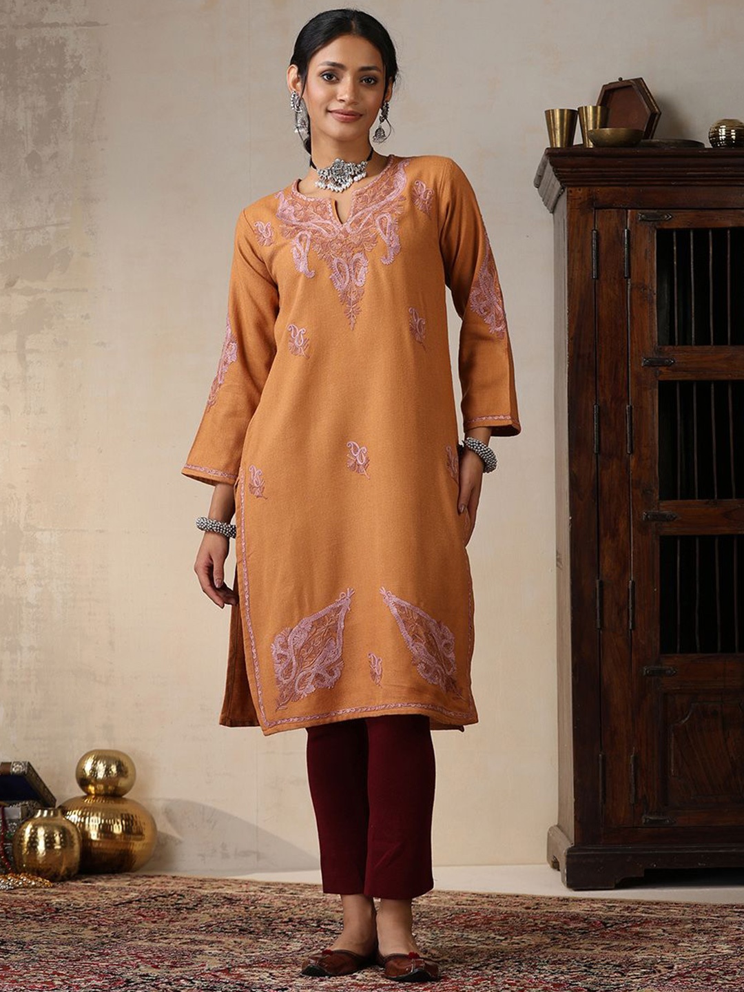 

House of Chikankari Ethnic Motifs Embroidered Aari Work Woollen Straight Kurta, Rust
