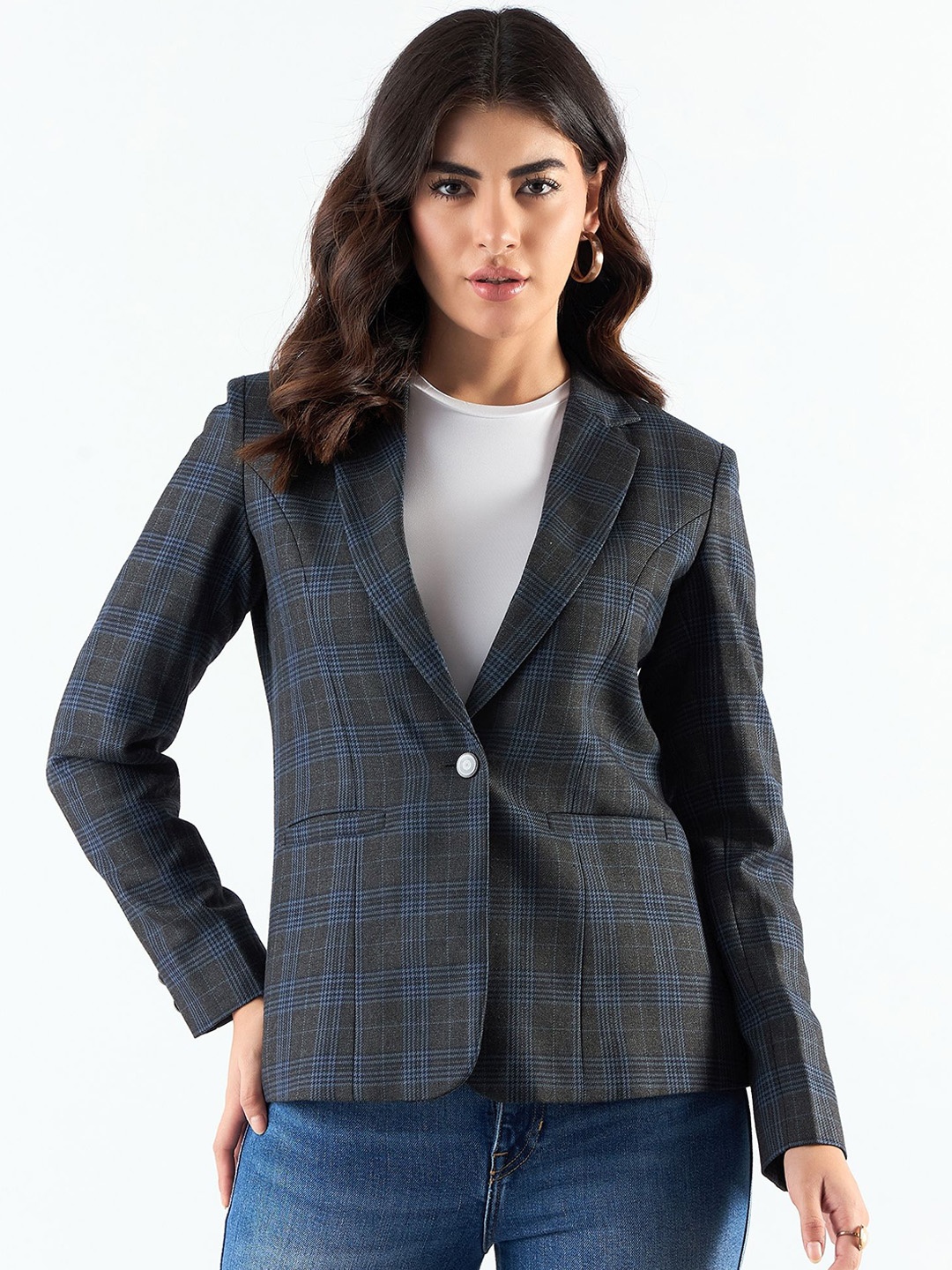 

PowerSutra Checked Notched Lapel Blazer, Blue