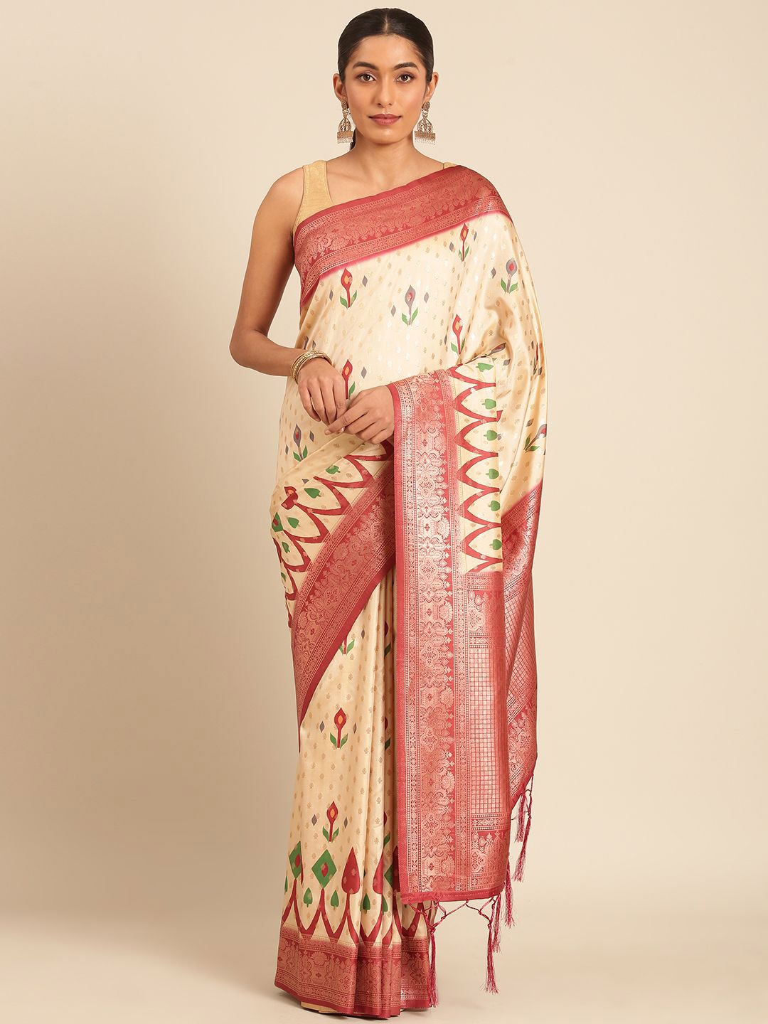 

Mitera Woven Design Zari Silk Blend Saree With Unstitched Blouse Piece, Cream