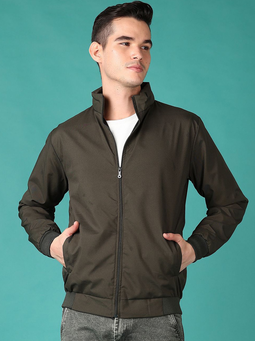 

V-Mart Men Mock Collar Solid Cotton Casual Bomber Jacket, Olive