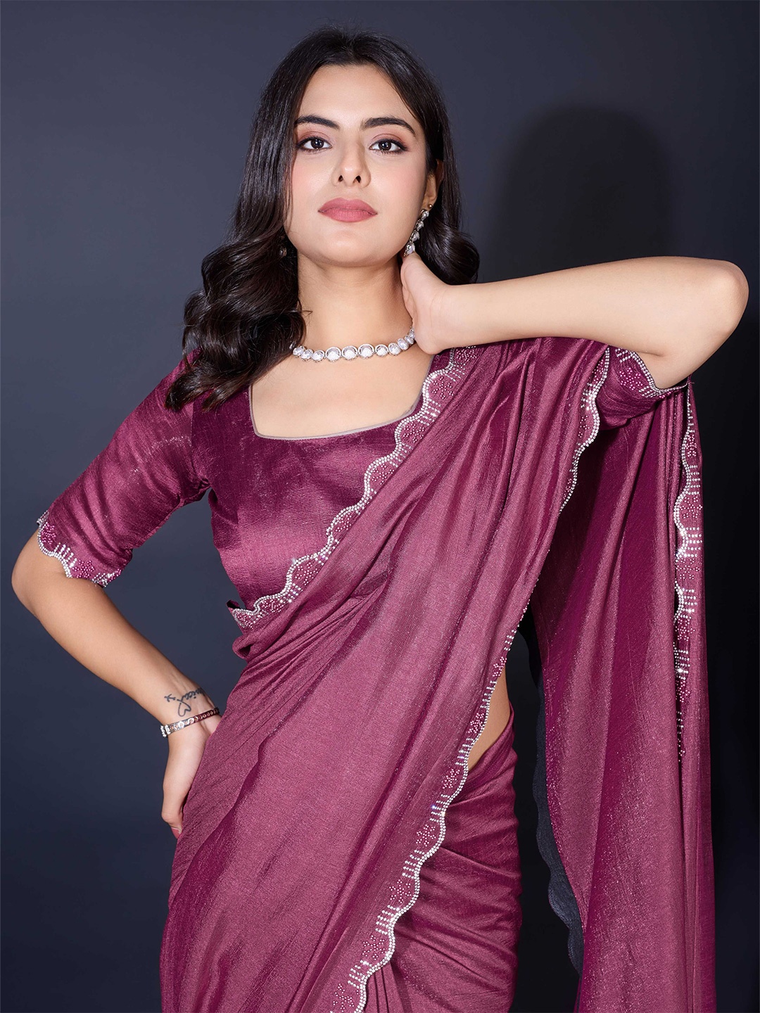 

Mitera Embellished Beads and Stones Saree, Purple