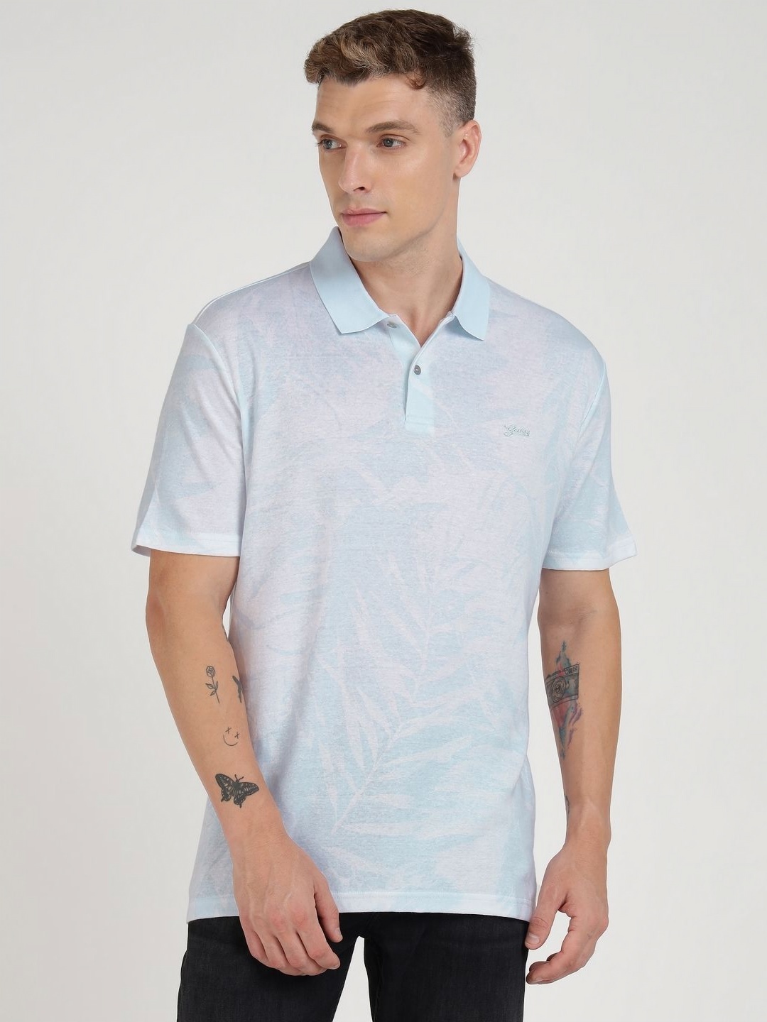 

GUESS Men Floral Printed Polo Collar Cotton T-shirt, Blue