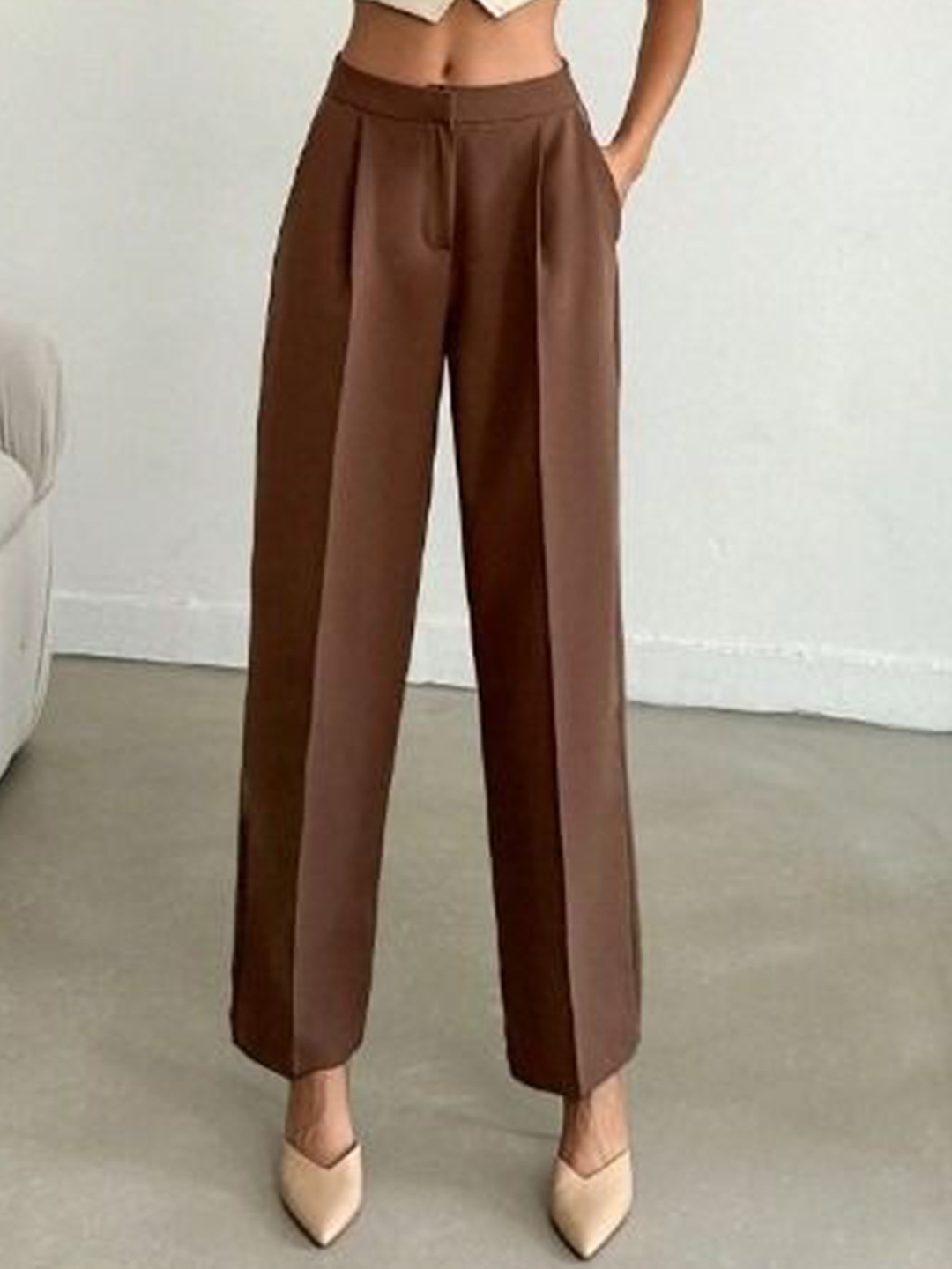 

Next One Women High-Rise Pleated Korean Trousers, Brown