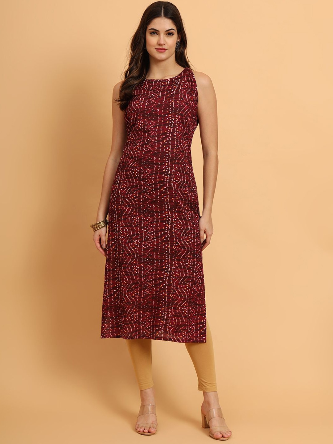 

KALINI Bandhani Printed Halter Neck Straight Kurta, Maroon