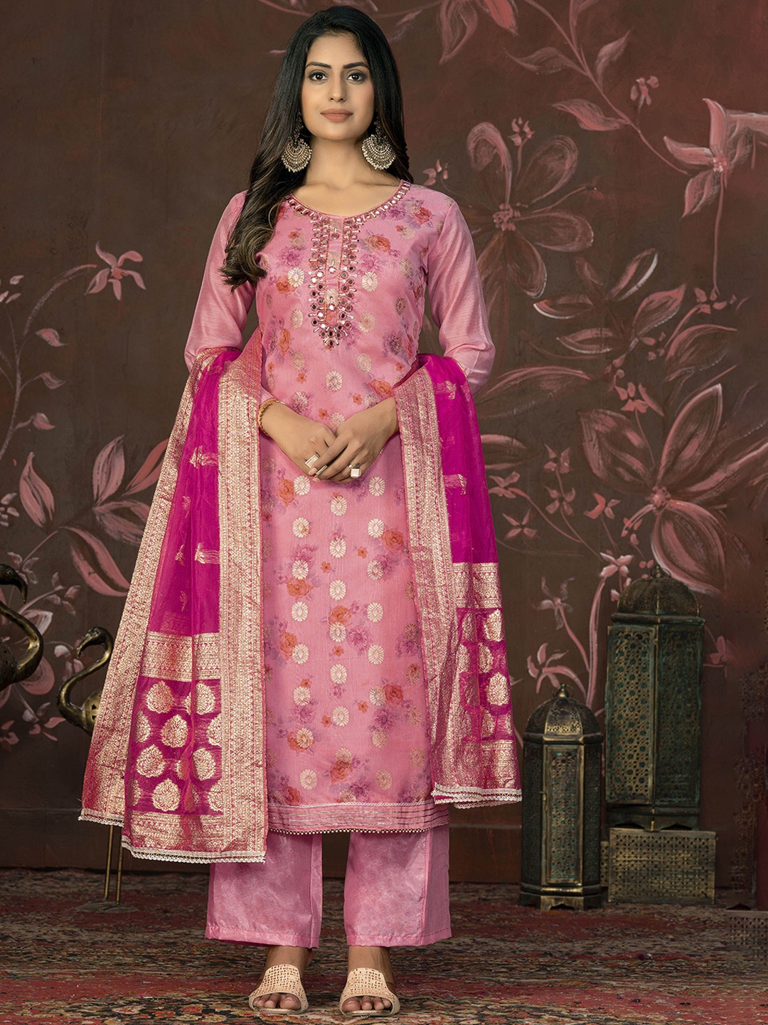 

Maroosh Ethnic Motifs Embellished Mirror Work Cotton Jacquard Unstitched Dress Material, Pink