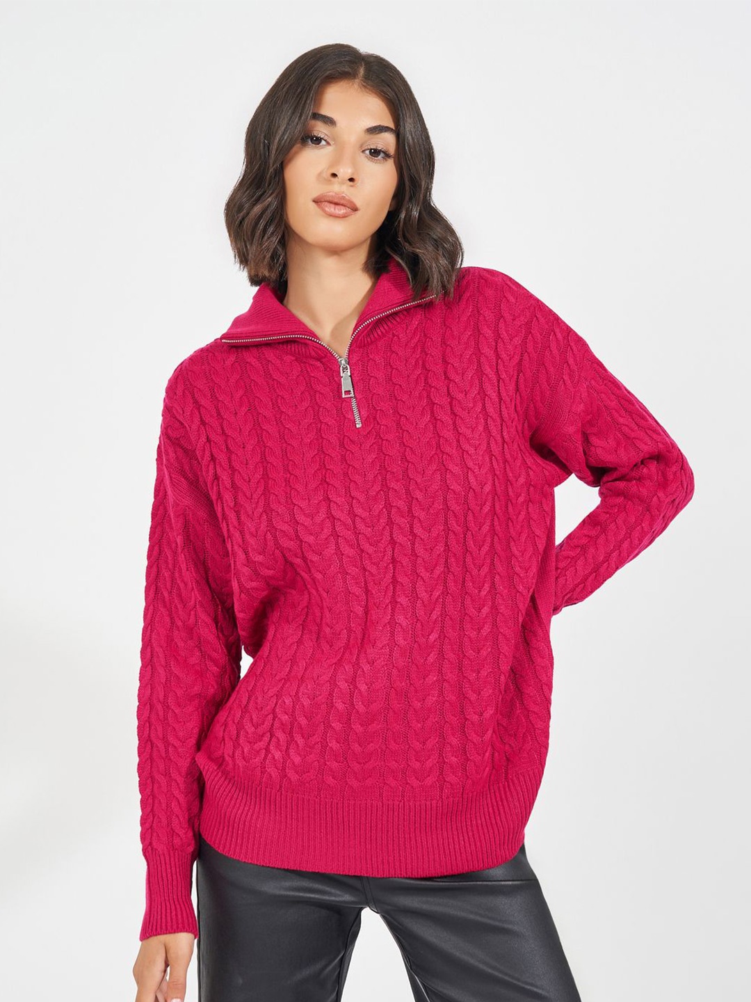 

Styli Women Oversized Fit Regular Length Chunky Cable Knit Half Zip Sweater, Fuchsia