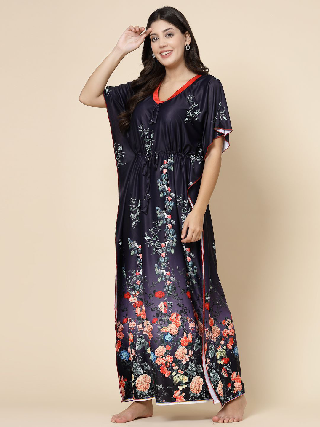 

CHUI MUI Women Printed Maxi Kaftan Nightdress, Navy blue