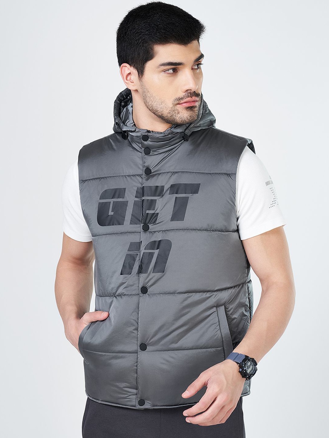 

Ajile by Pantaloons Men Hooded Typography Printed Casual Padded Jacket, Grey