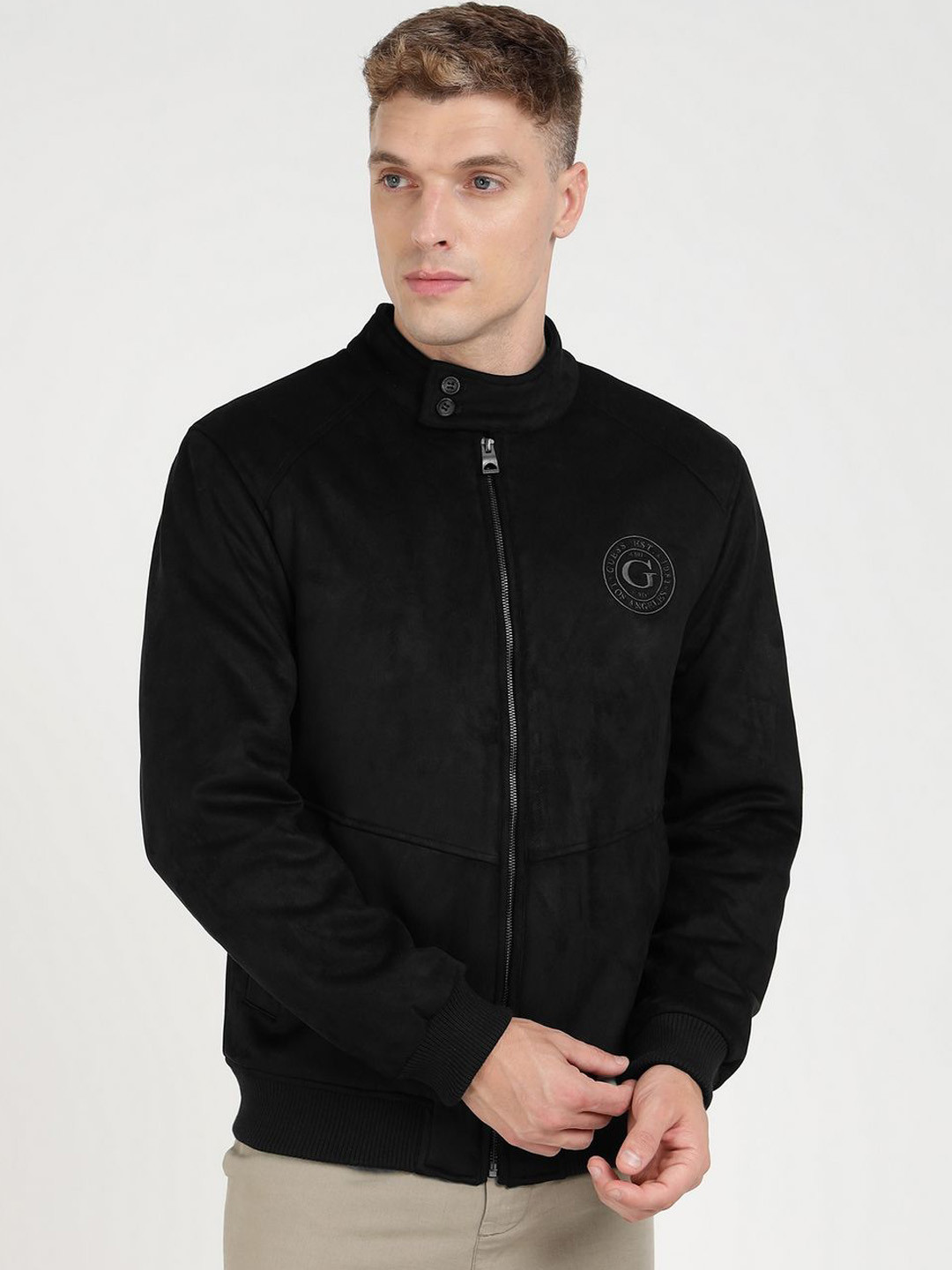 

GUESS Men Mandarin Collar Solid Casual Bomber Jacket, Black