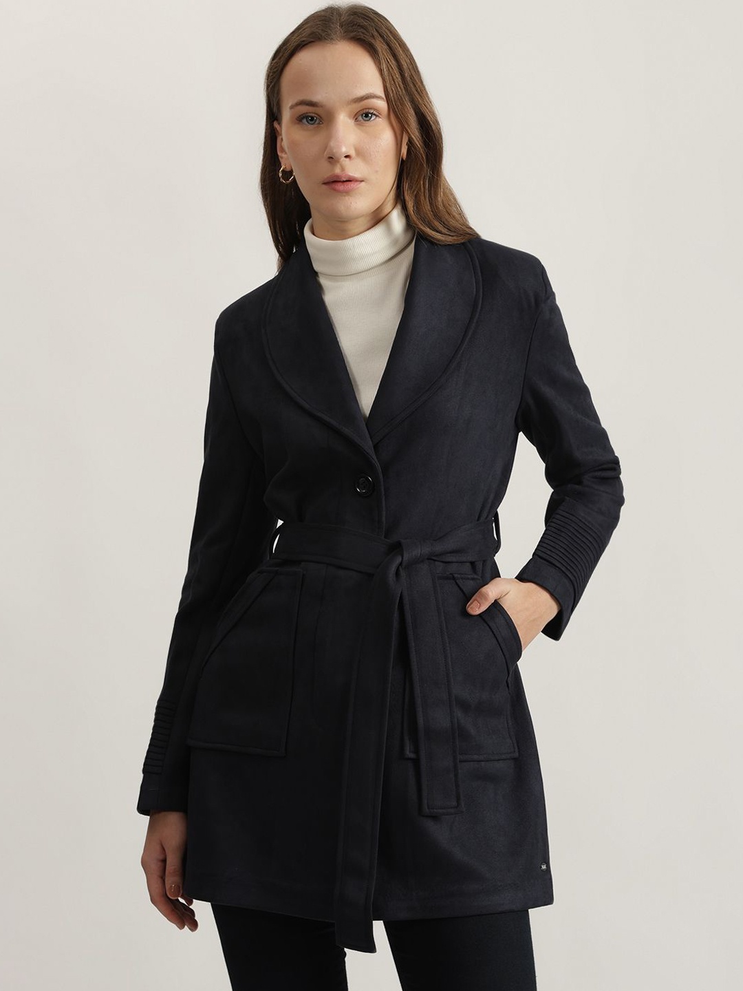 

ELLE Women Shawl Collar Full Sleeves Overcoat, Navy blue