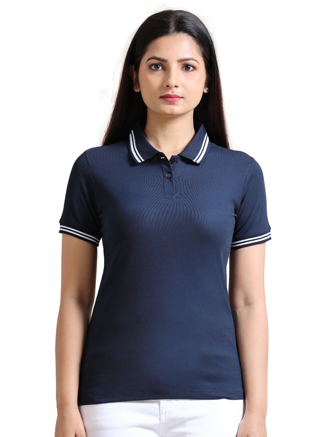 

ECOLINE Clothing Women Antimicrobial Solid Polo Collar T-shirt, Navy blue