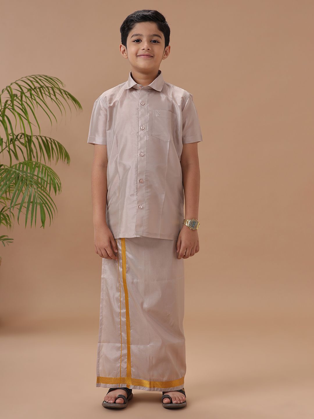 

Ramraj Boys Short Sleeves Shirt With Zari Border Dhoti, Bronze