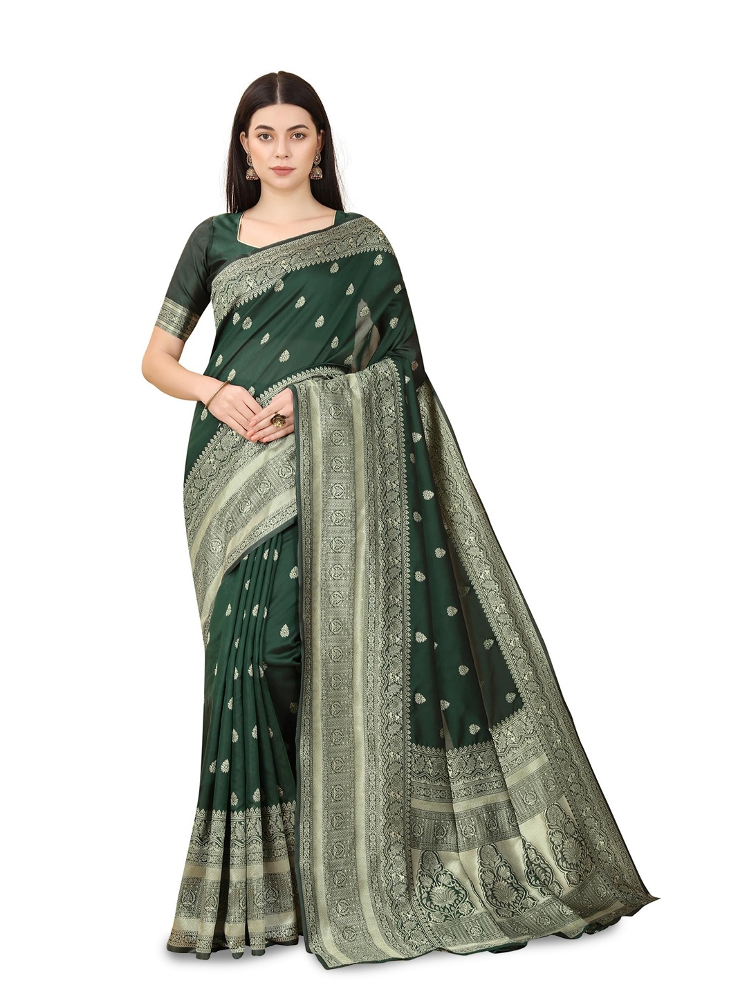 

KALINI Ethnic Motifs Woven Design Zari Pure Silk Banarasi Saree, Green