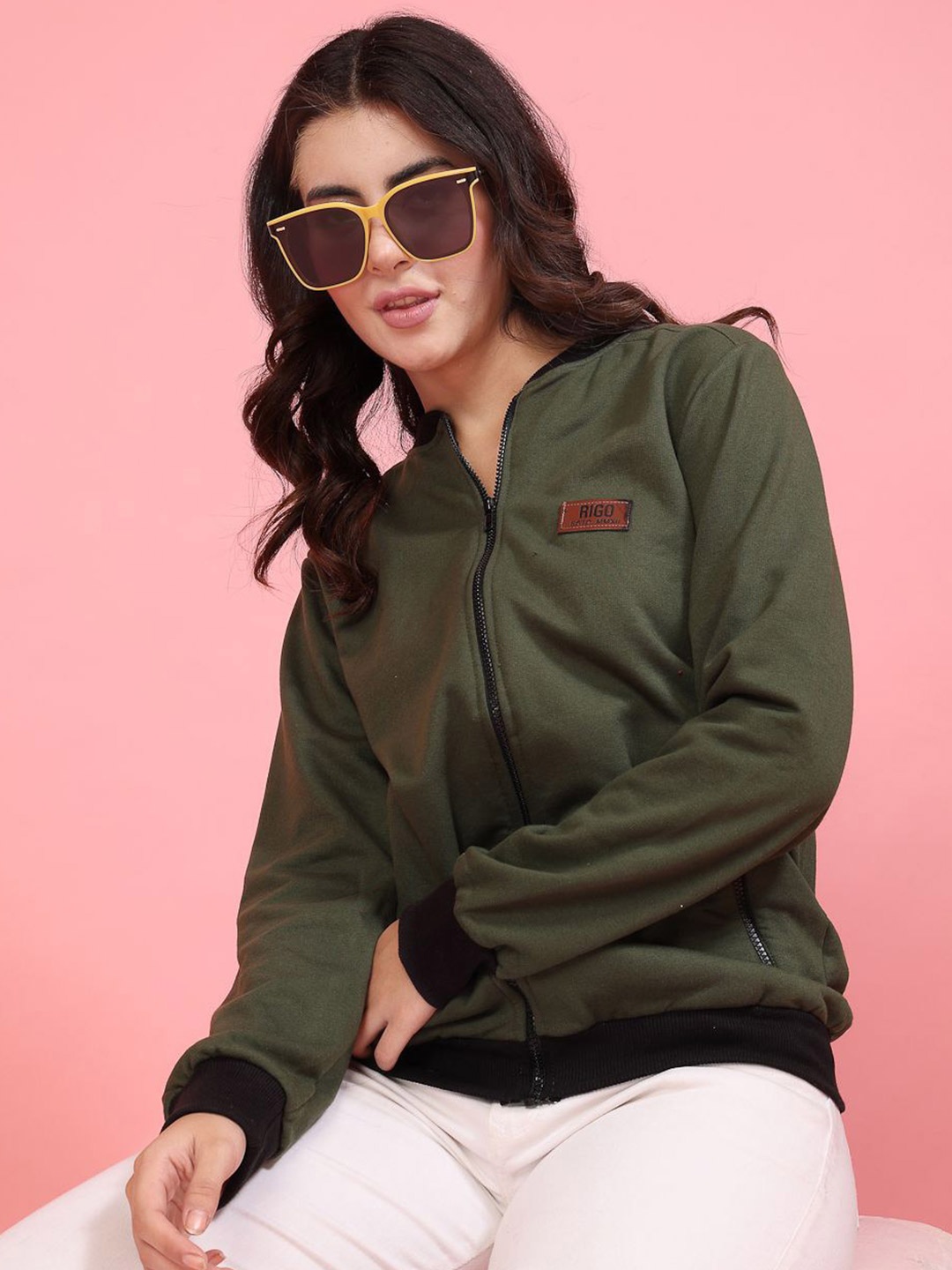 

Rigo Women Stand Collar Solid Fleece Casual Bomber Jacket, Olive