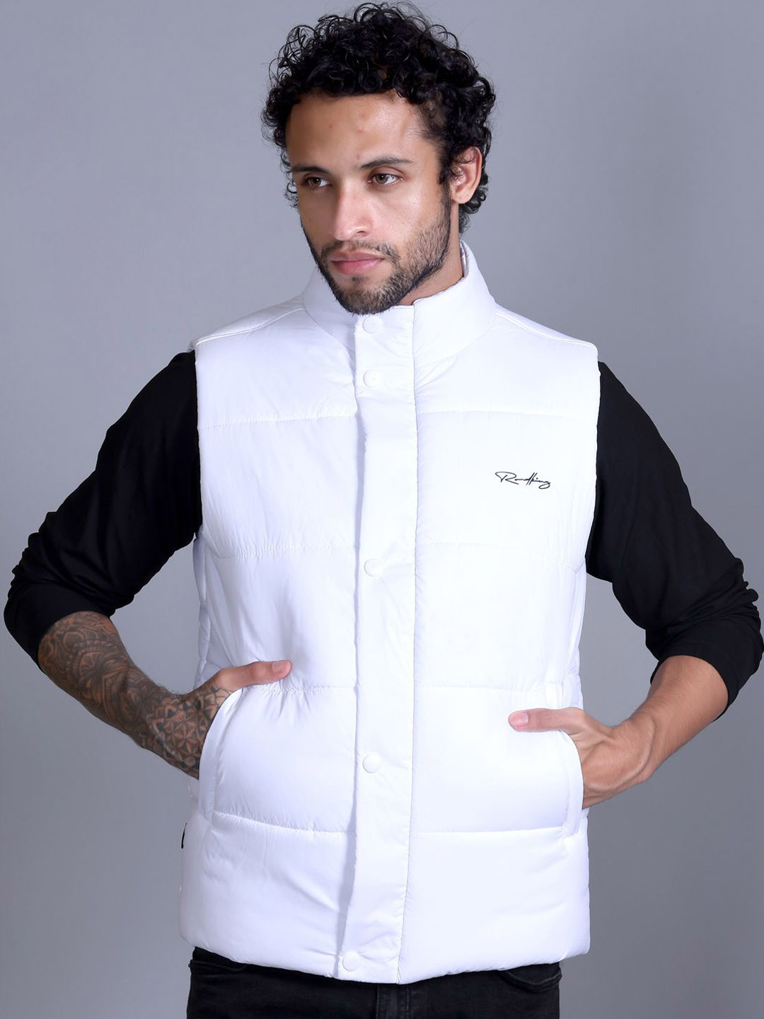 

Roadking Men Mock Collar Solid Casual Padded Jacket, White