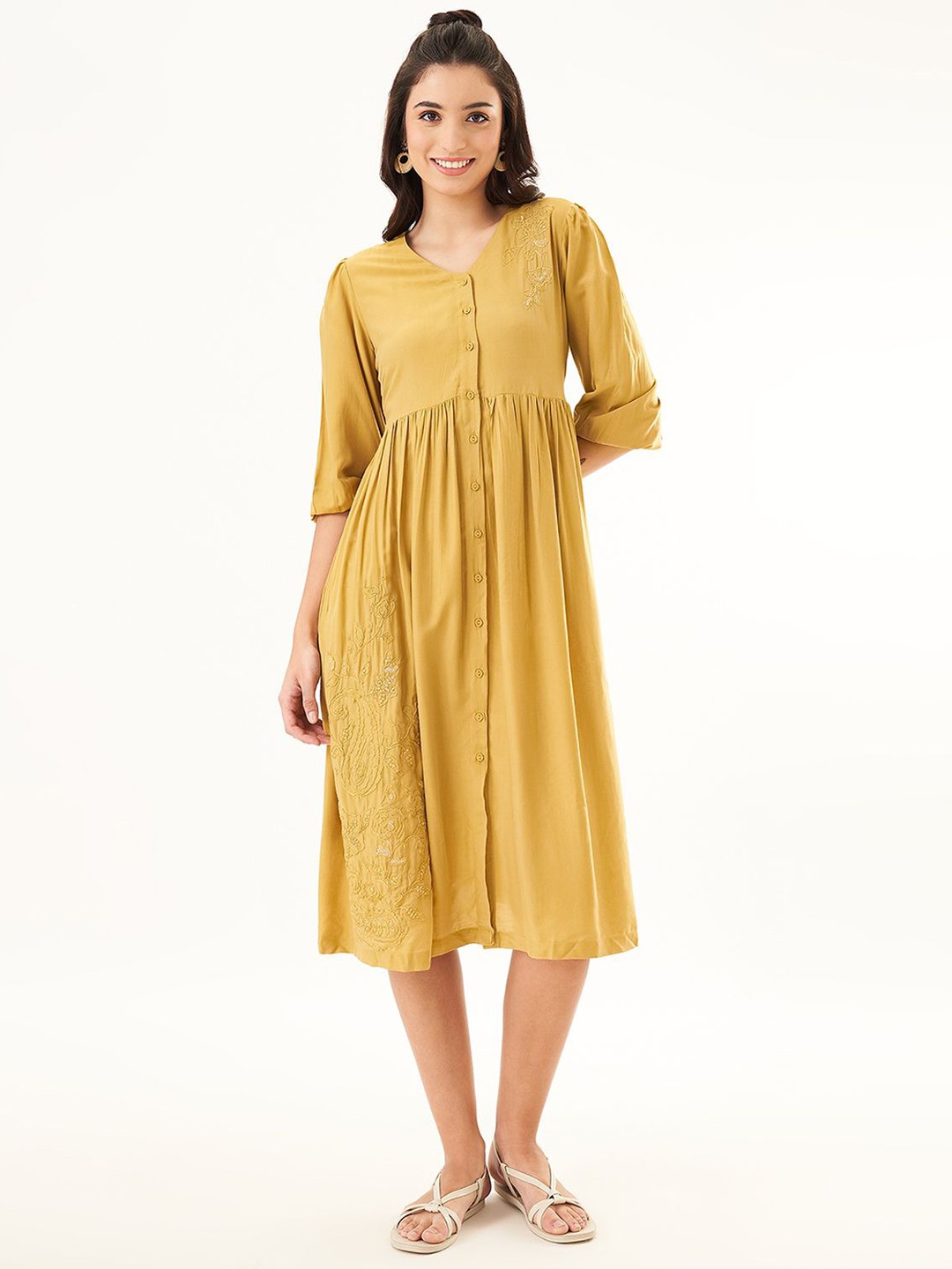 

AKKRITI BY PANTALOONS Women Embroidered Fit & Flare Midi Dress, Beige
