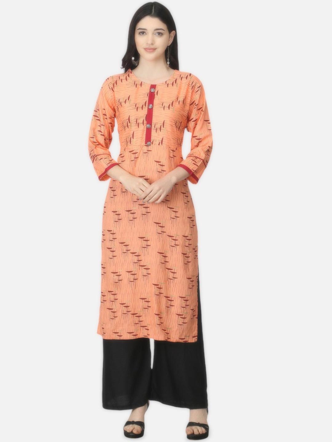 

Biyu Round Neck Abstract Printed Cotton Straight Kurta, Peach