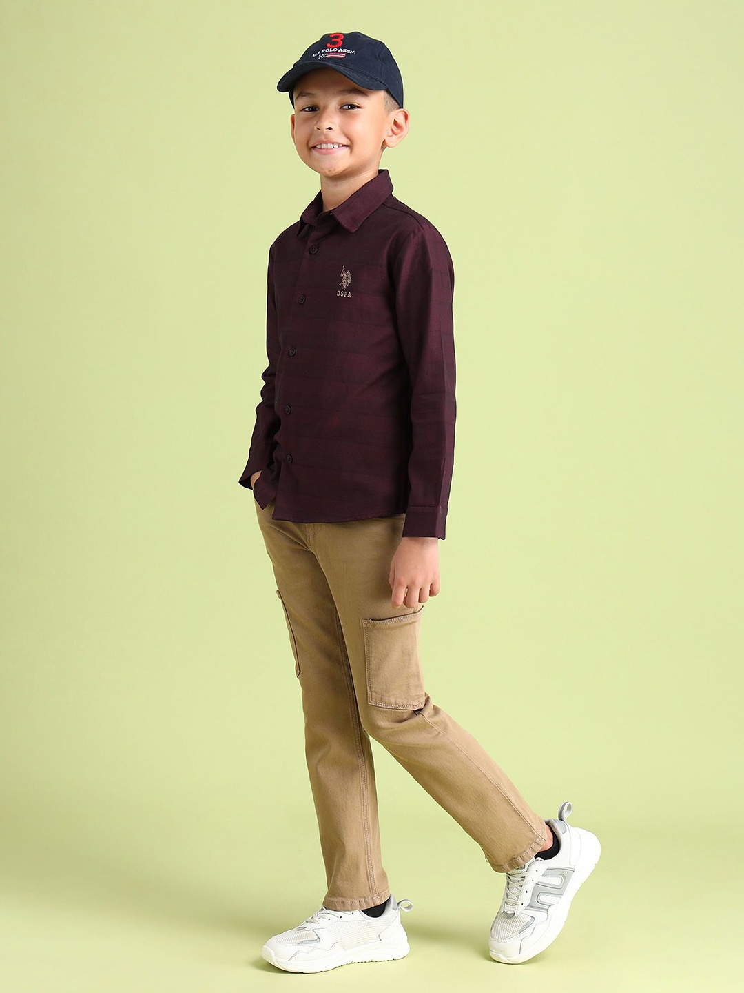 

U.S. Polo Assn. Kids Boys Spread Collar Horizontal Striped Cotton Casual Shirt, Maroon