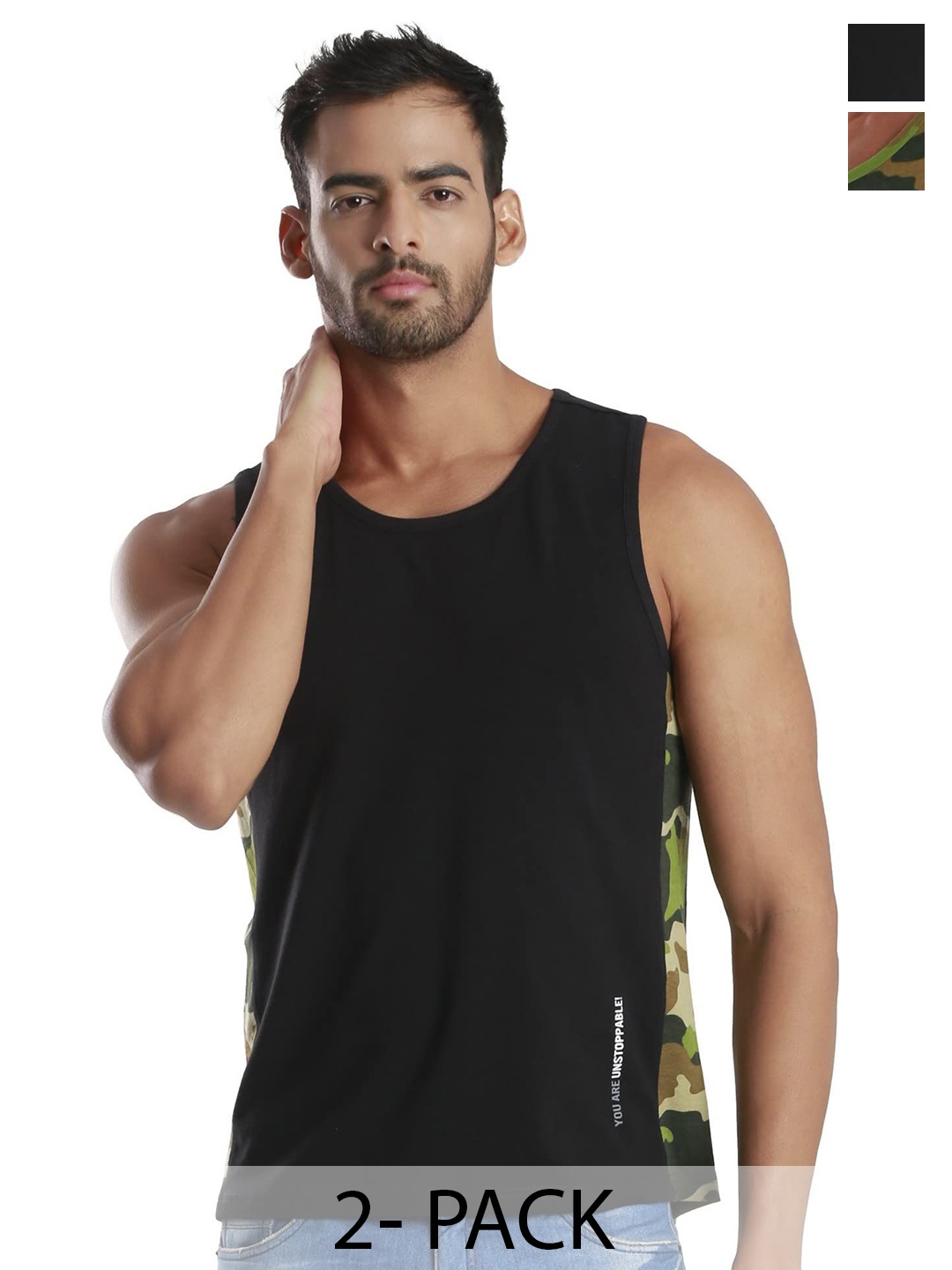

FREECULTR Men Pack Of 2 Camouflage Printed Innerwear Vests, Black