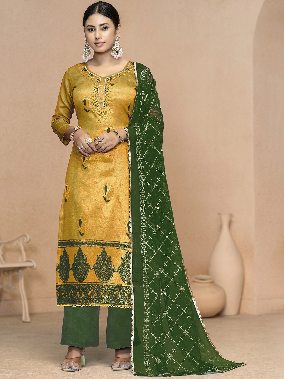 

Maroosh Floral Embroidered Unstitched Dress Material, Yellow