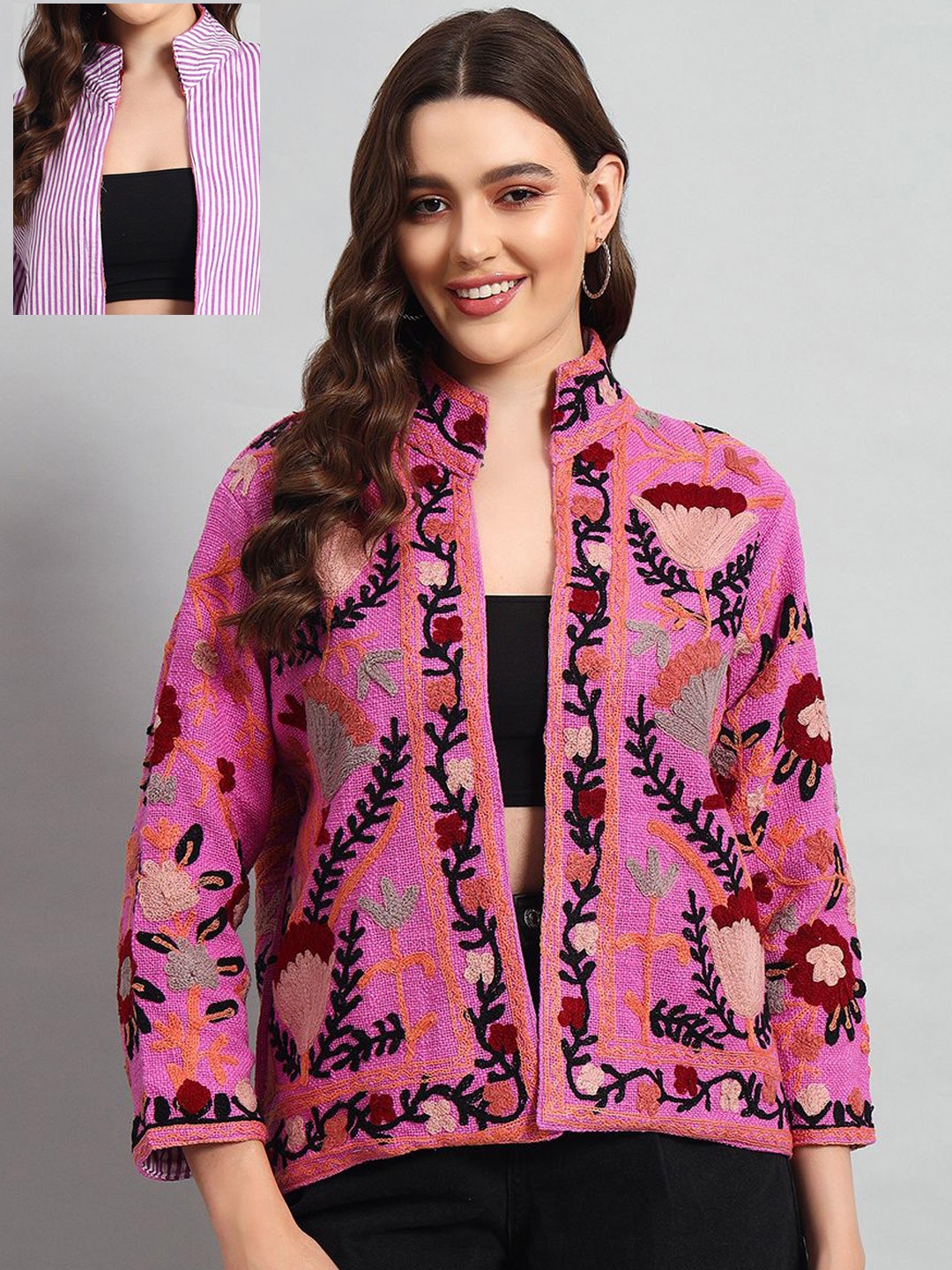 

HANDICRAFT PALACE Women Floral Embroidered Cotton Ethnic Open Front Reversible Jacket, Pink