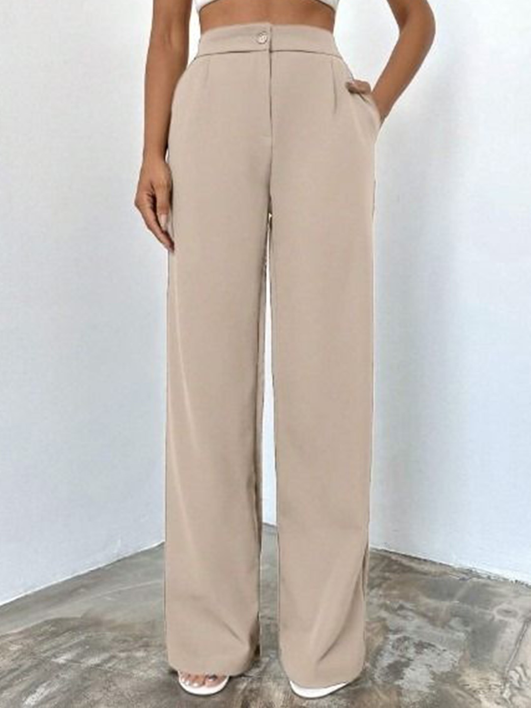 

Next One Women High-Rise Pleated Korean Trousers, Beige