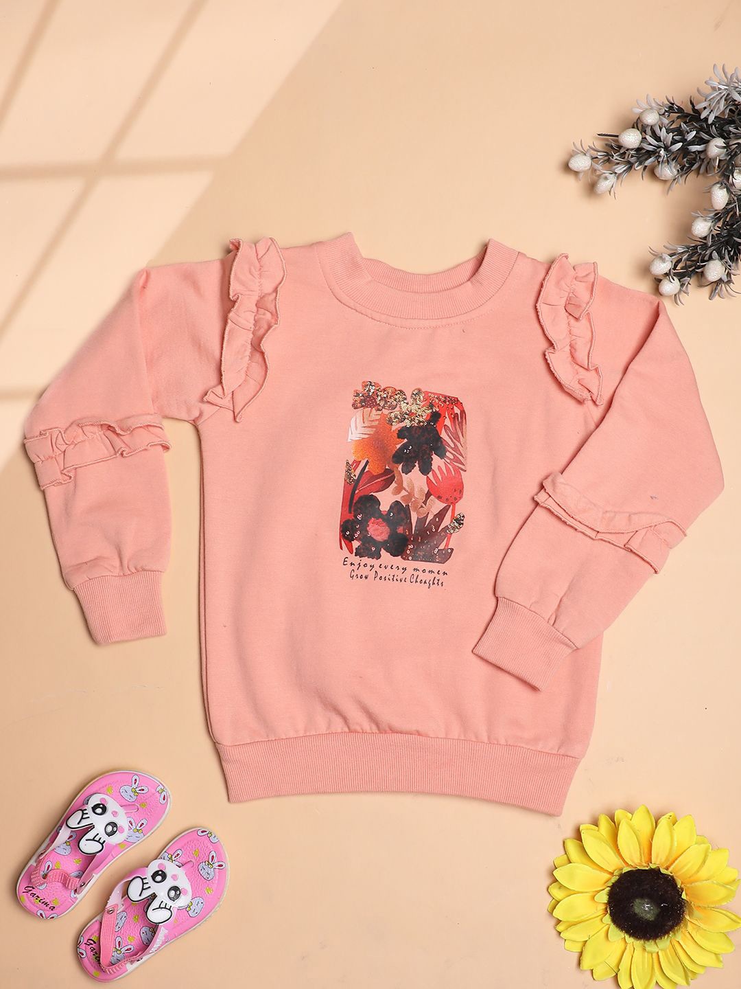 

Cutiekins Girls Graphic Printed Pullover Sweatshirt With Ruffle Details, Peach
