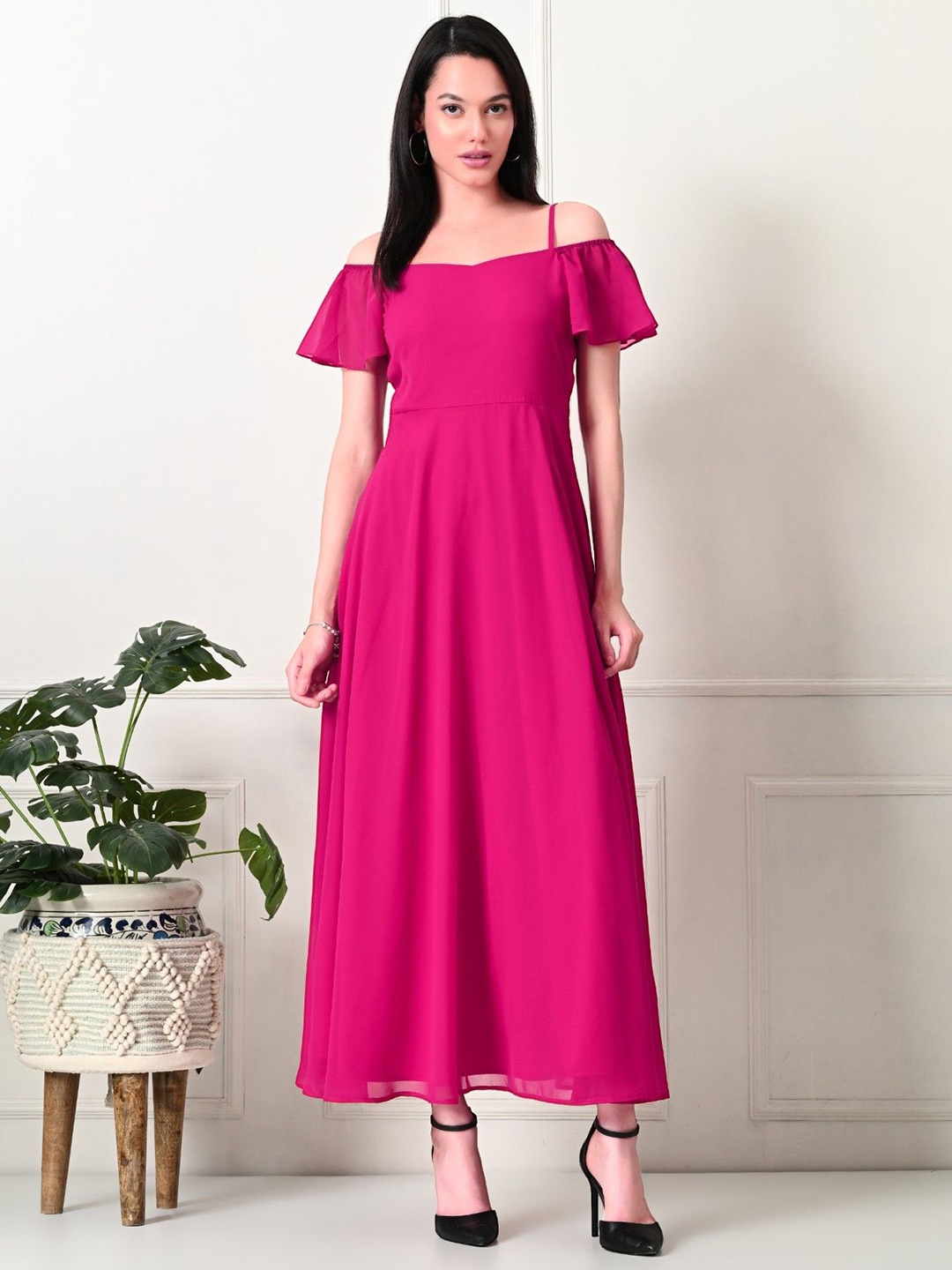 

Tushita Women Flared Sleeve Shoulder Straps Maxi Dress, Fuchsia