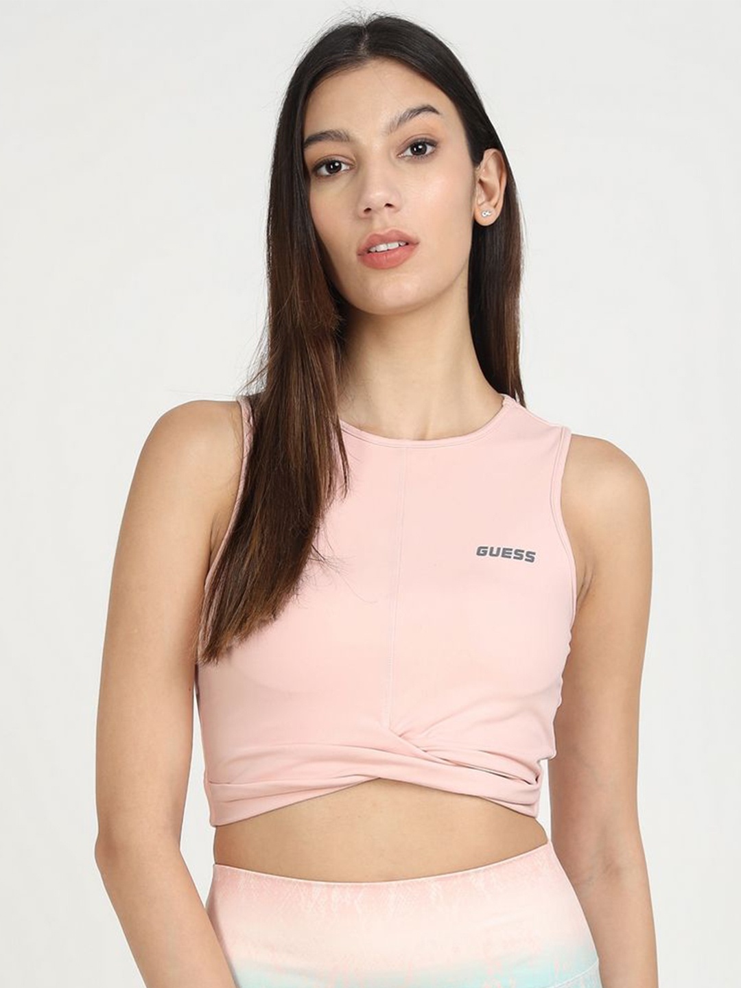 

GUESS Women Round Neck Solid Crop Top, Pink