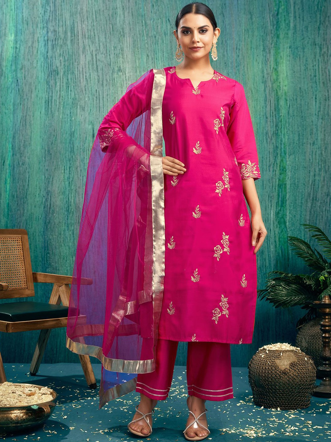 

KALINI Ethnic Motifs Embroidered Regular Straight Kurta with Palazzos & Dupatta, Pink