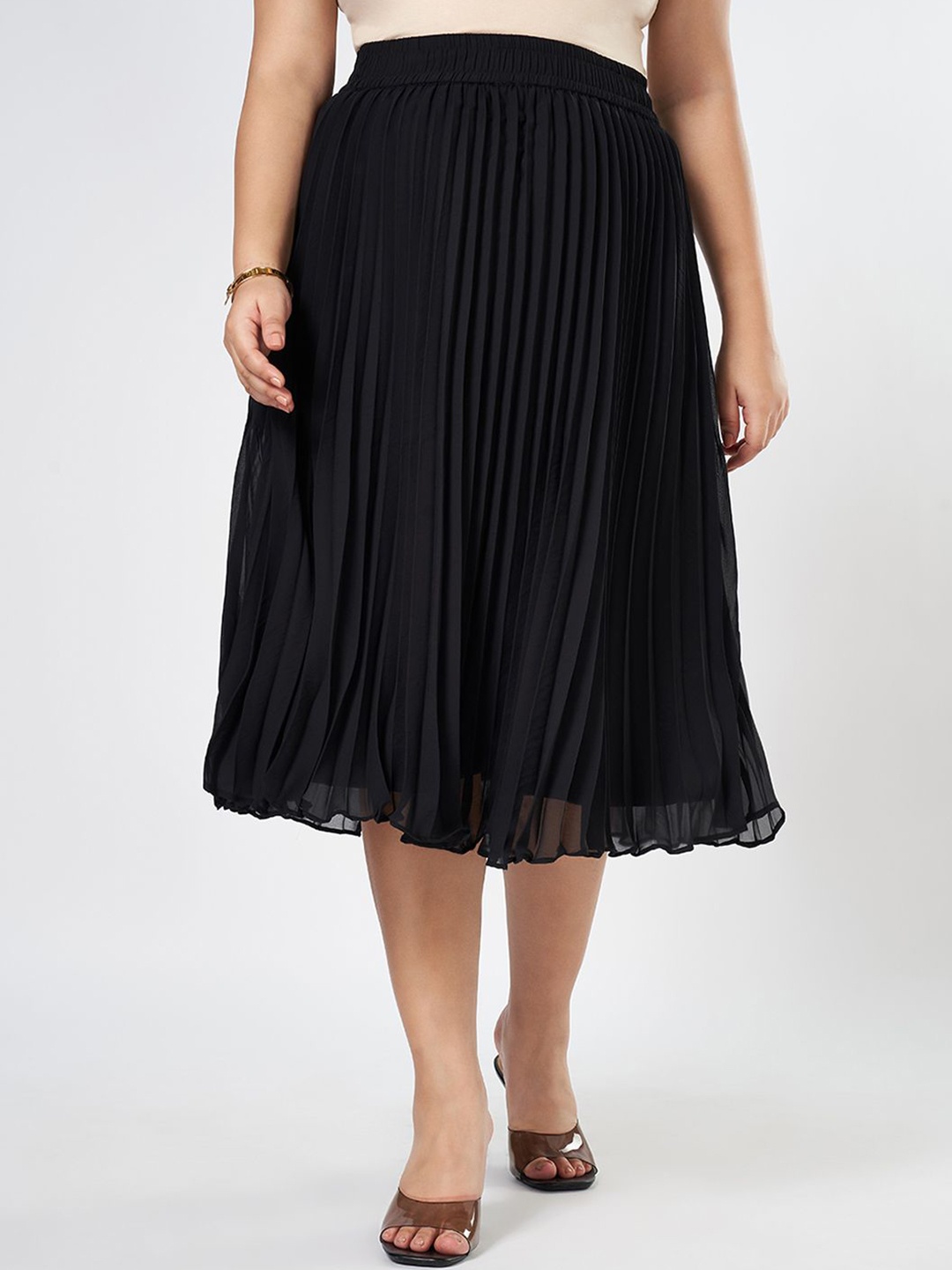 

Honey Curvytude by Pantaloons Accordian Pleated Knee Length Flared Skirt, Black